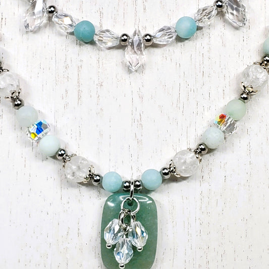 Amazonite and Crystal Beaded Necklace, Multi Strand Necklace