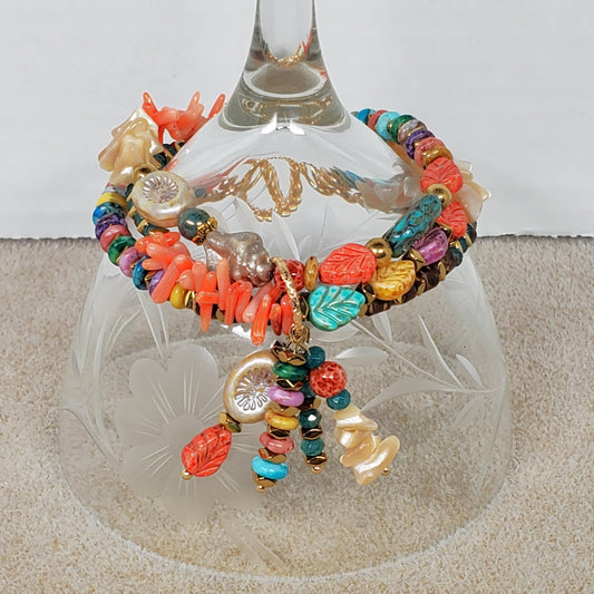 Beach Beaded Boho Charm Bracelet, Tropical Beaded Wire Bracelet