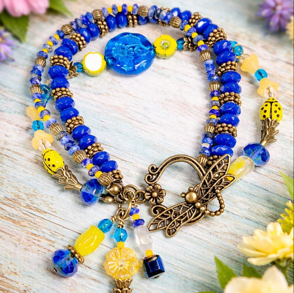 Blue & Yellow Floral Beaded Bracelet – Boho Wrap Bracelet with Butterfly Clasp, Handmade Artisan Jewelry