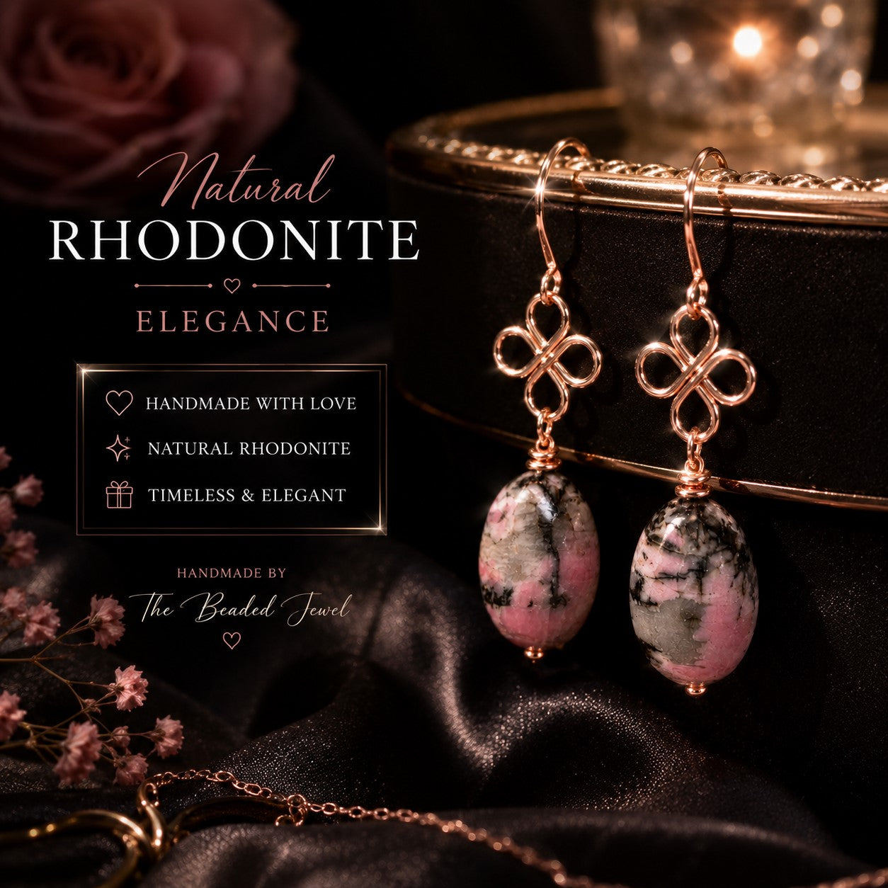 Handmade Rhodonite Earrings | Pink Gemstone Rose Gold Wire Wrapped Earrings | Natural Stone Dangle Earrings | Gift for Her