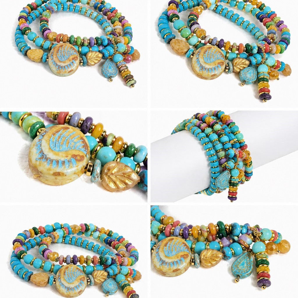 Boho Beaded Charm Bracelet, Blue Beaded Stretch Bracelet