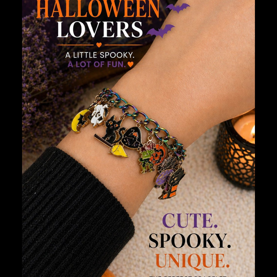 Halloween Charm Bracelet, Pumpkins, Ghost, Spider Webs, Cat, Moon