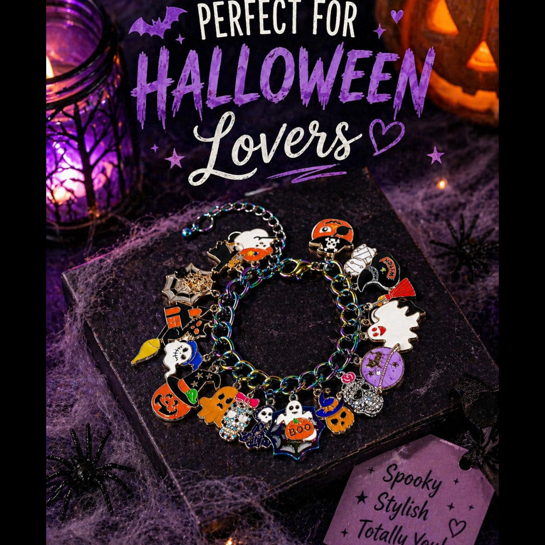 Halloween Charm Bracelet, Spooky Jewelry, Ghost Pumpkin Cat Bracelet, Witch Bracelet, Fall Jewelry Gift, Cute Halloween Accessories
