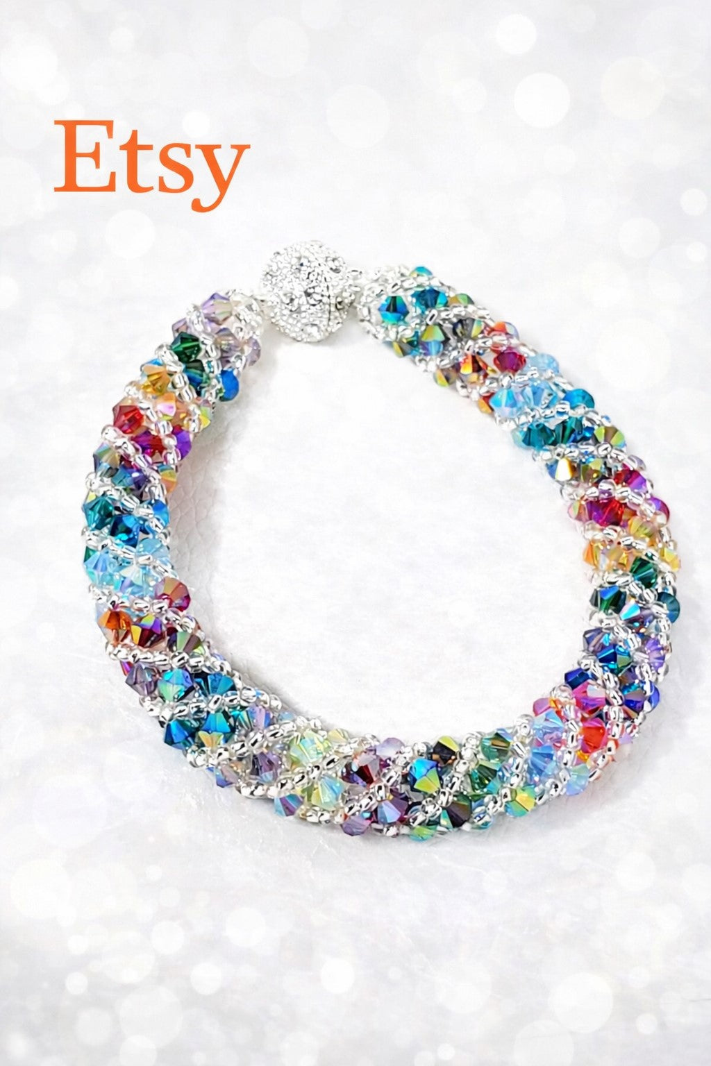 Crystal Beaded Bracelet, Fuschia, Green, Blue Spiral Bracelet