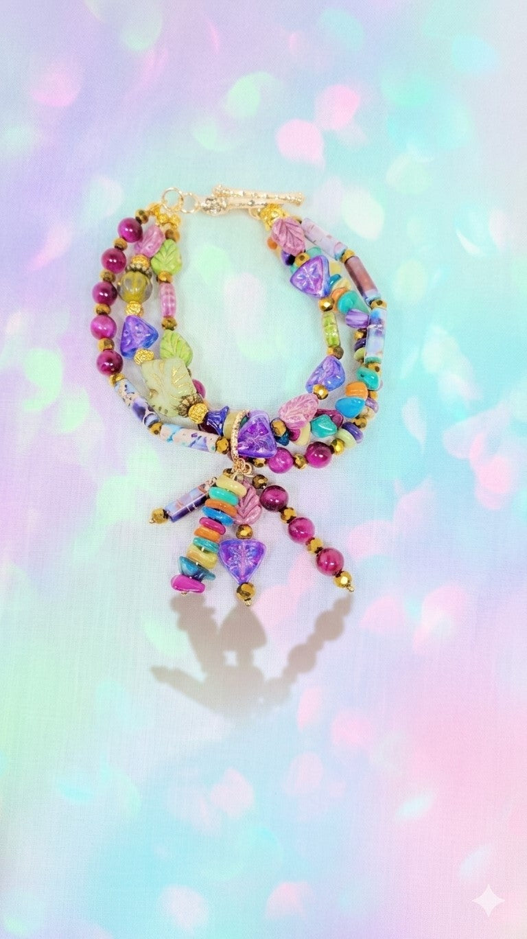 Enchanted Jewel Tones Boho Charm Bracelet, Beaded Wire Bracelet