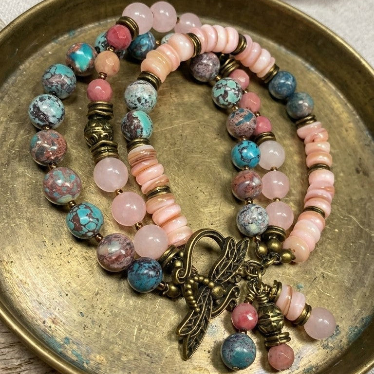 Three Strand Gemstone Bracelet – Rose Quartz, Rhodonite & Nevada Turquoise – Boho Layered Beaded Bracelet