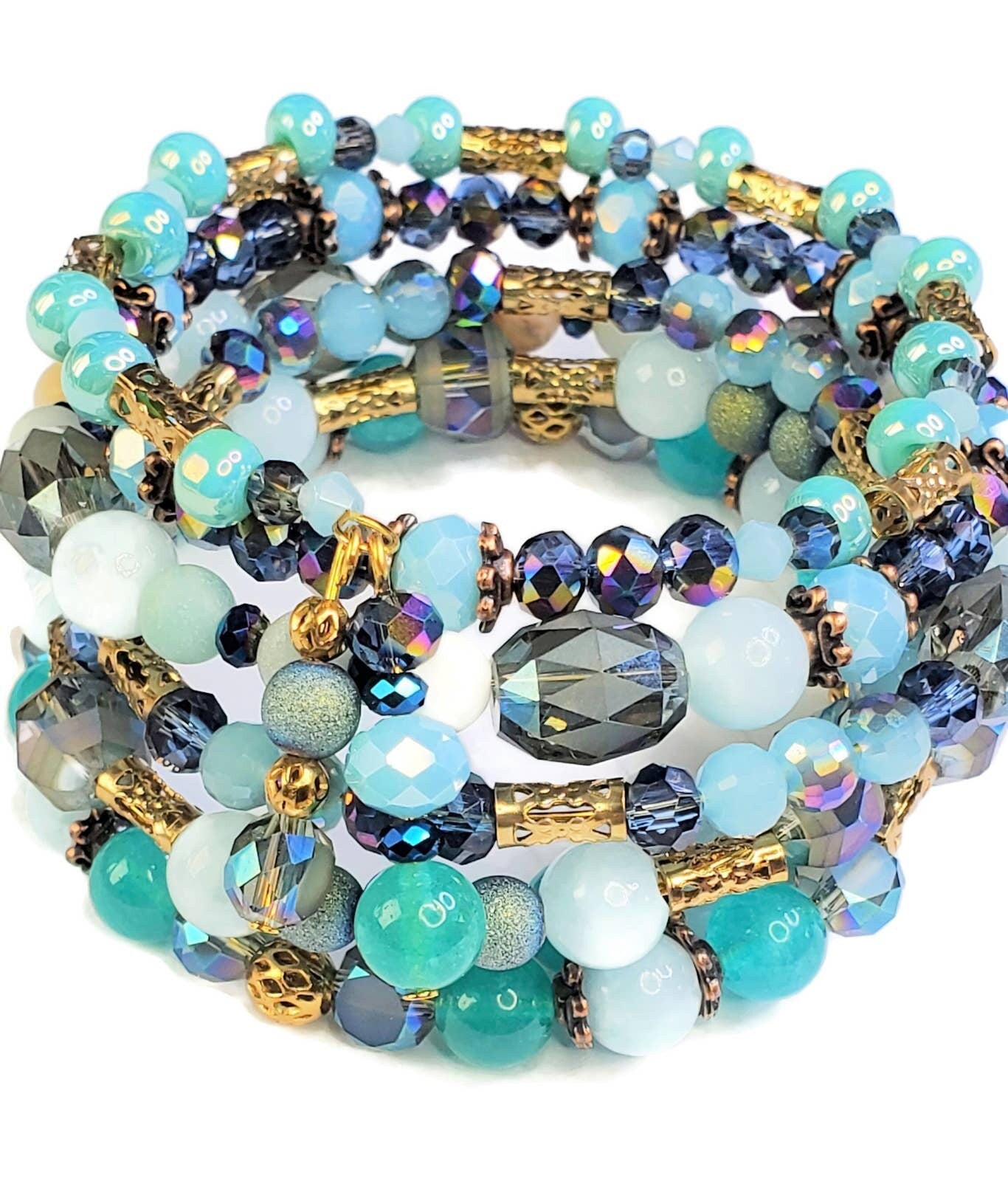 Crystal Quartz Amazonite Memory Wire Wrap Cuff Bangle Bracelet Blue & Teal Bracelet for Women