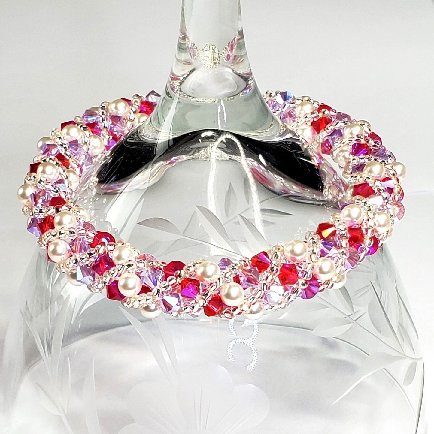Valentines Day Fuchsia and Lavender White Pearl Crystal Bracelet
