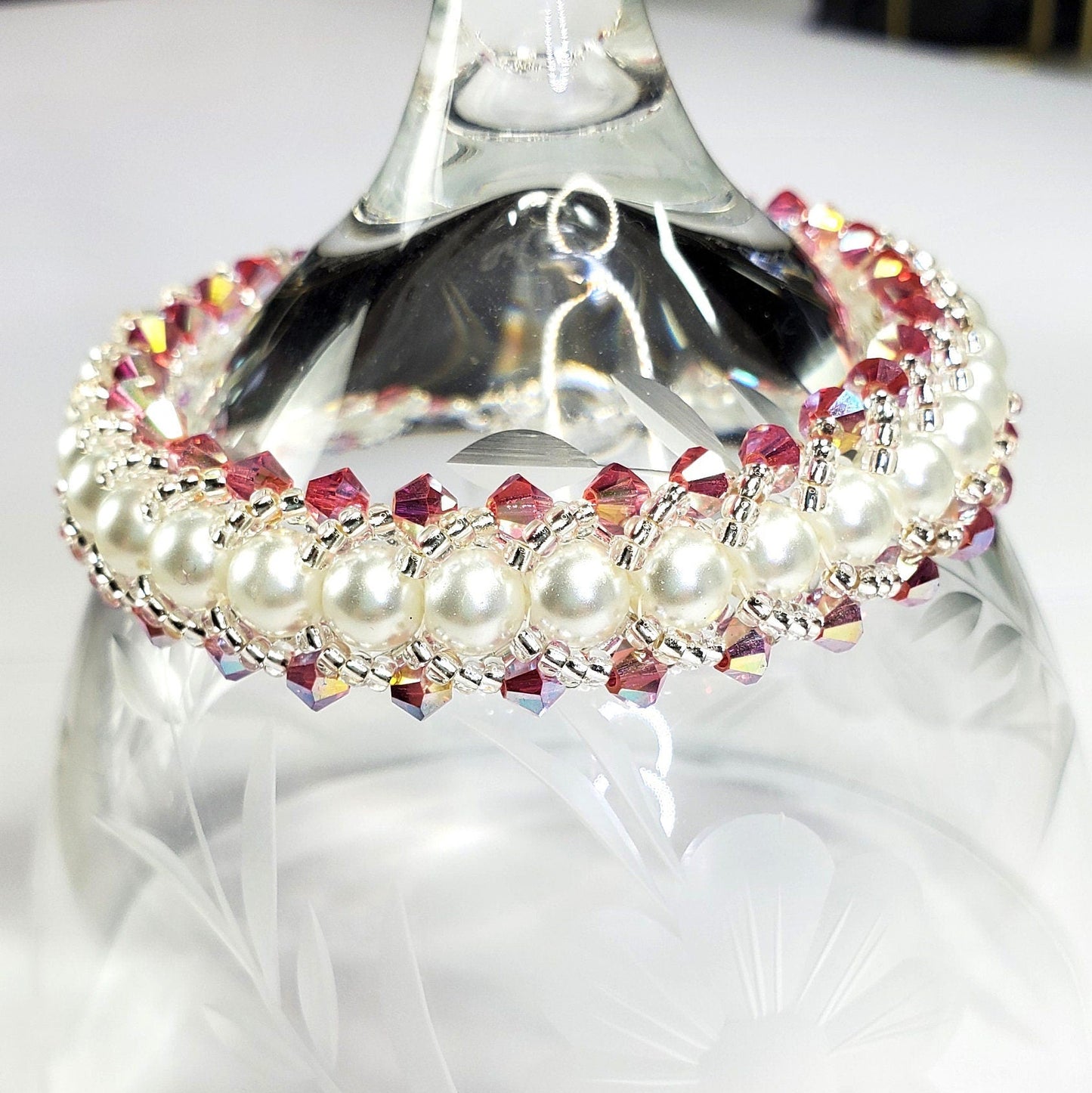 Pink Crystal and Glass Beaded Pearl Bracelet Wedding Bracelet Wedding Bracelet