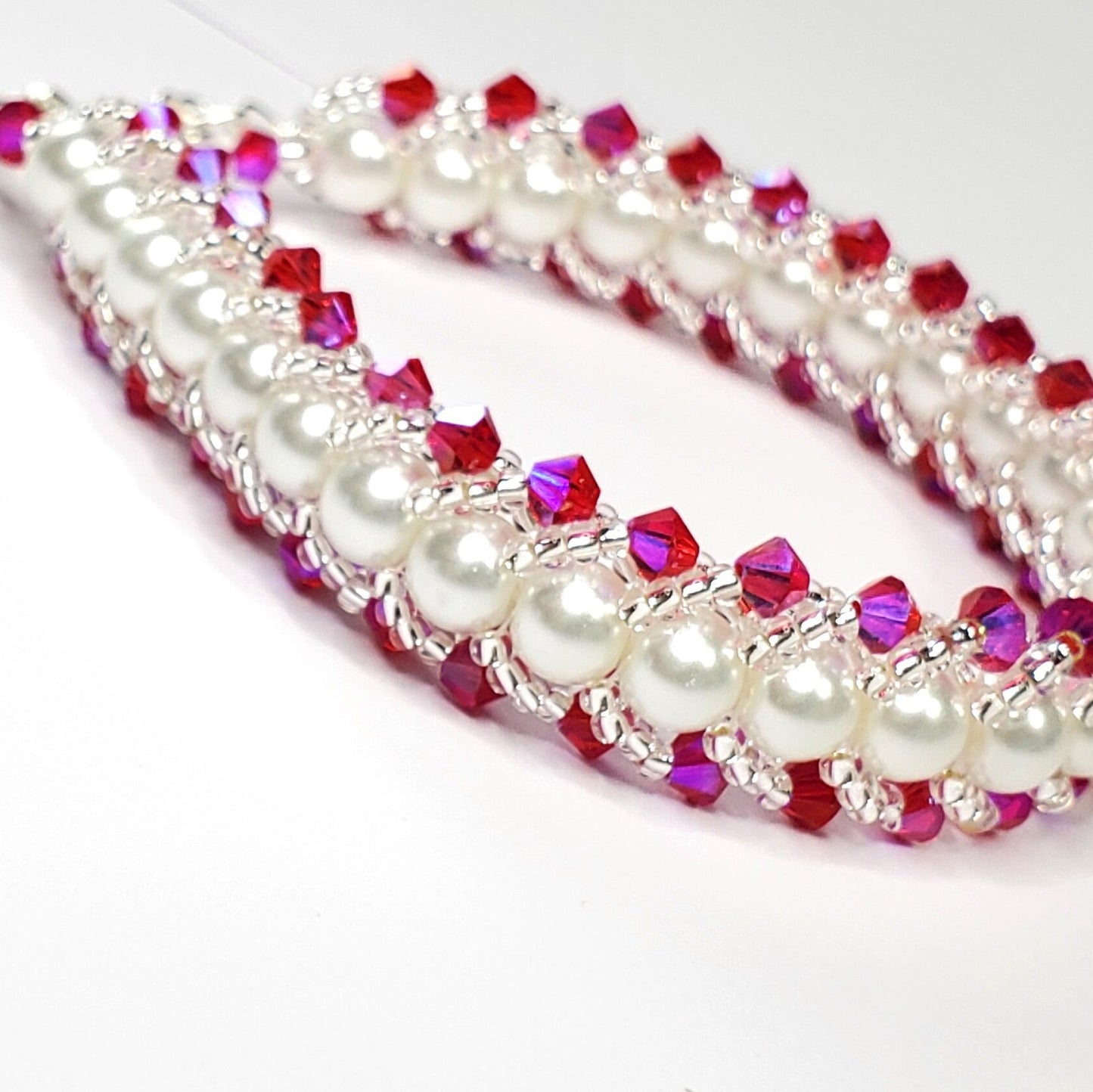Fuchsia Crystals and White Glass Pearl Beaded Bracelet Valentines day
