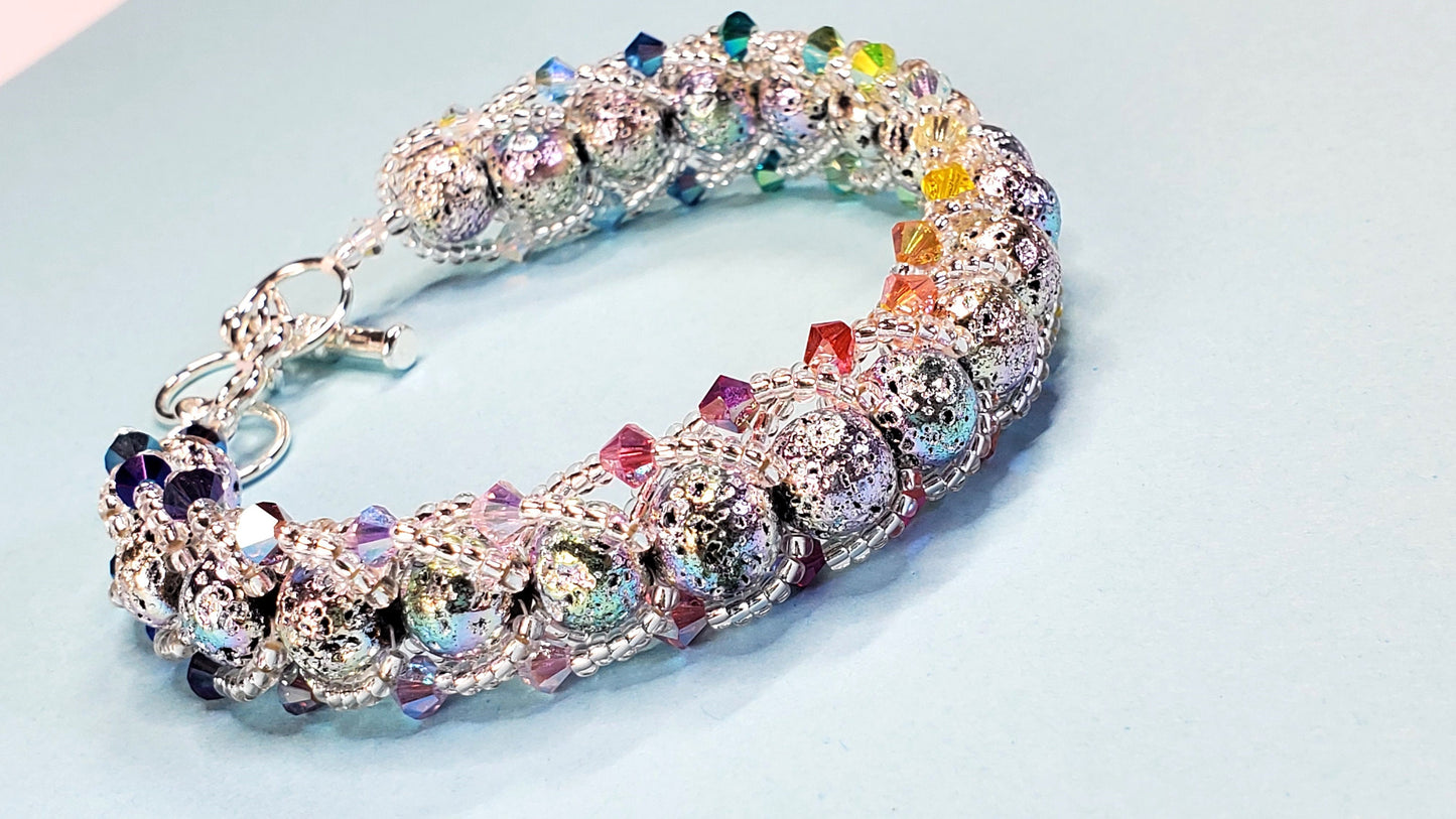 Rainbow Coated Natural Lave Stone Beaded adjustable Bracelet