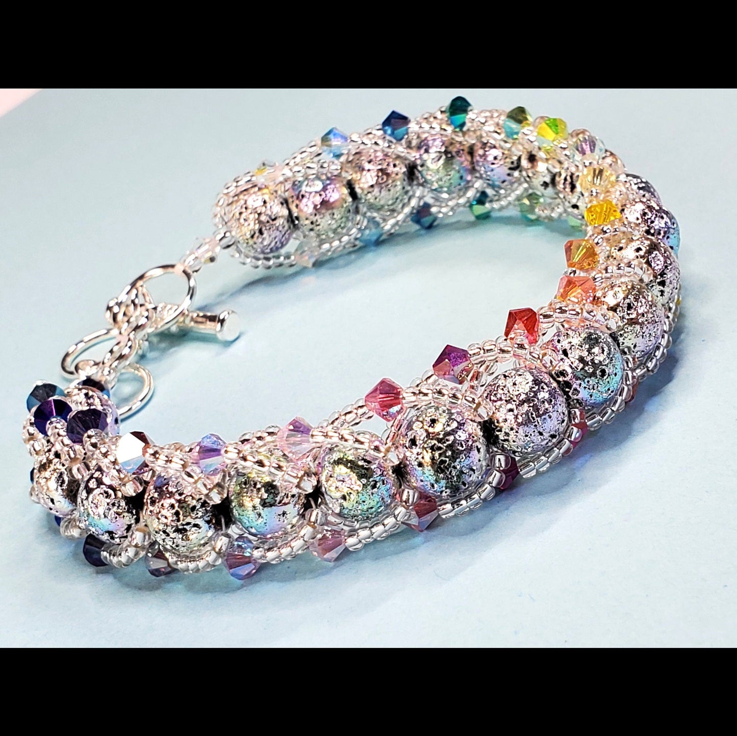 Rainbow Coated Natural Lave Stone Beaded adjustable Bracelet