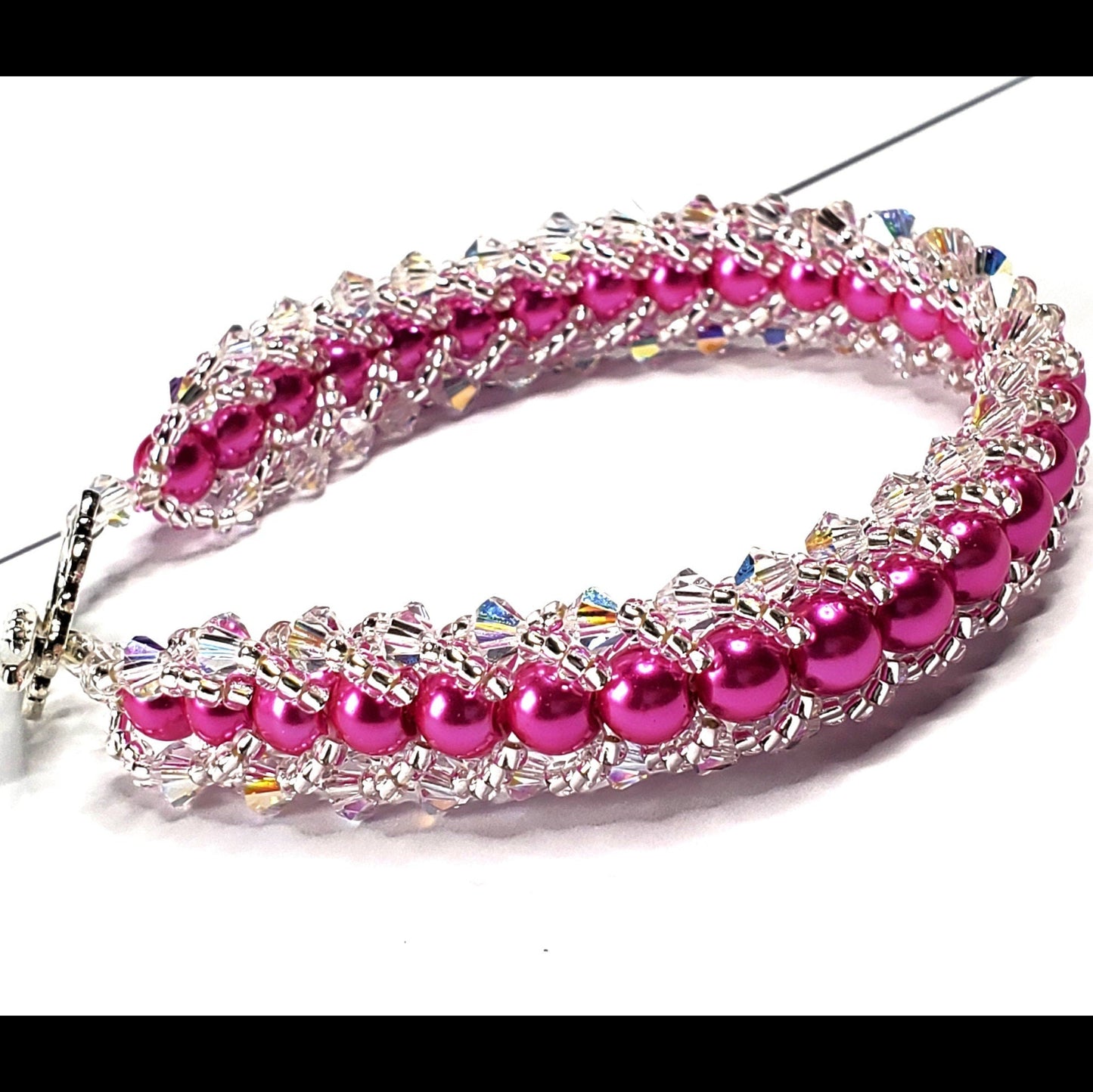 Pink Glass Pearl Bracelet with Aurora Borealis Preciosa Bicone Crystals