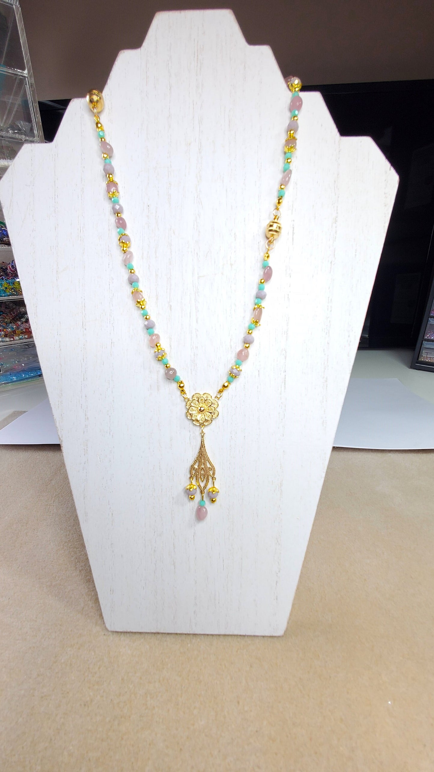 Rose Quartz Green Aventurine Magnetic Mix & Match Necklace/Bracelet Five Way Necklace Set 18k Gold Plated Filigree Components