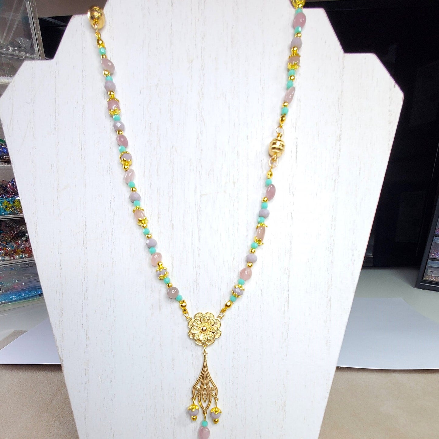 Rose Quartz Green Aventurine Magnetic Mix & Match Necklace/Bracelet Five Way Necklace Set 18k Gold Plated Filigree Components