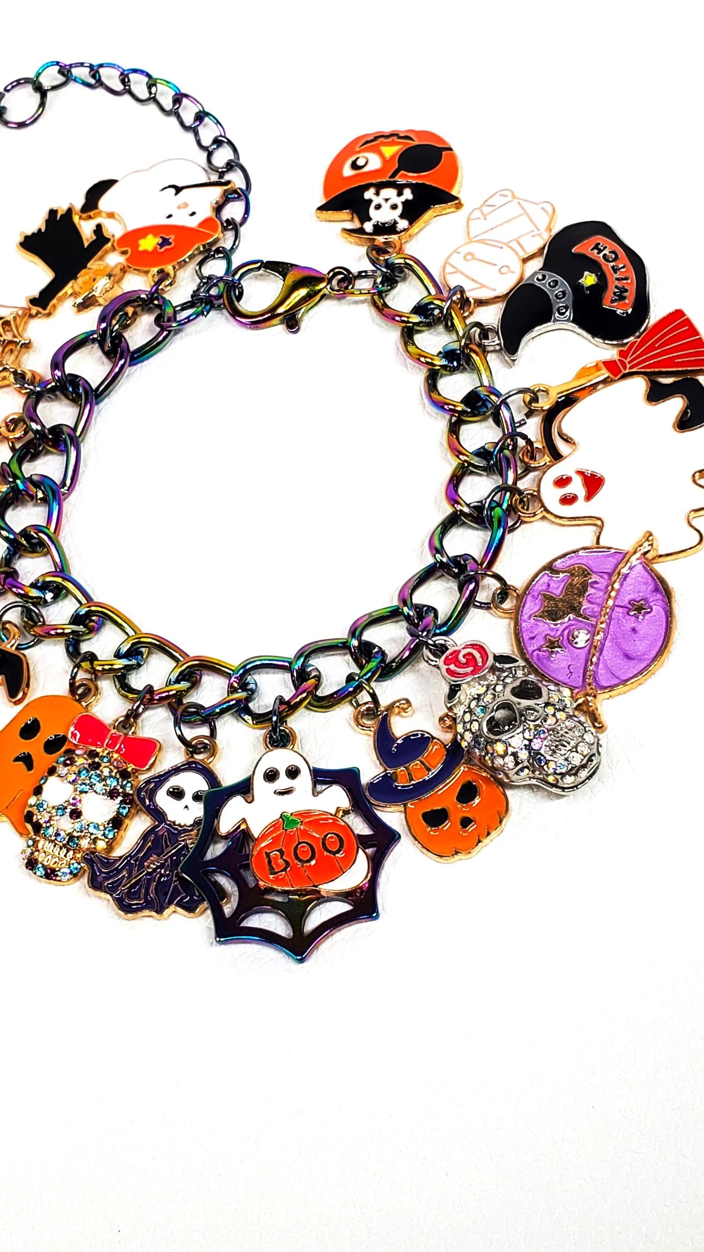 Halloween Charm Bracelet, Pumpkins, Ghost, Spider Webs, Cat, Moon, Crystals