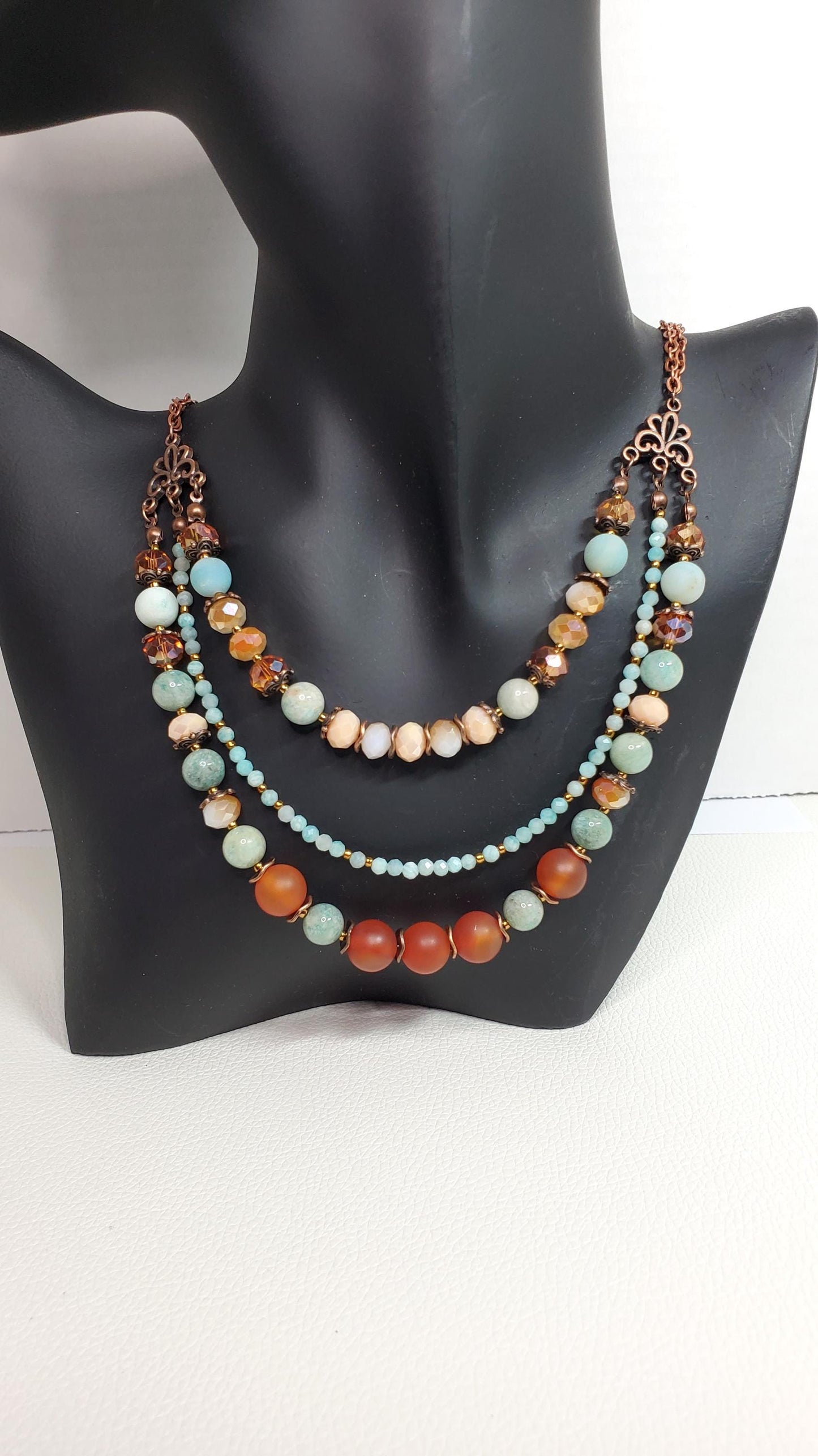 Three Strand Drop Double Chain Gemstone and Crystal Toggle Necklace Made With Amazonite Red Agate and Crystals