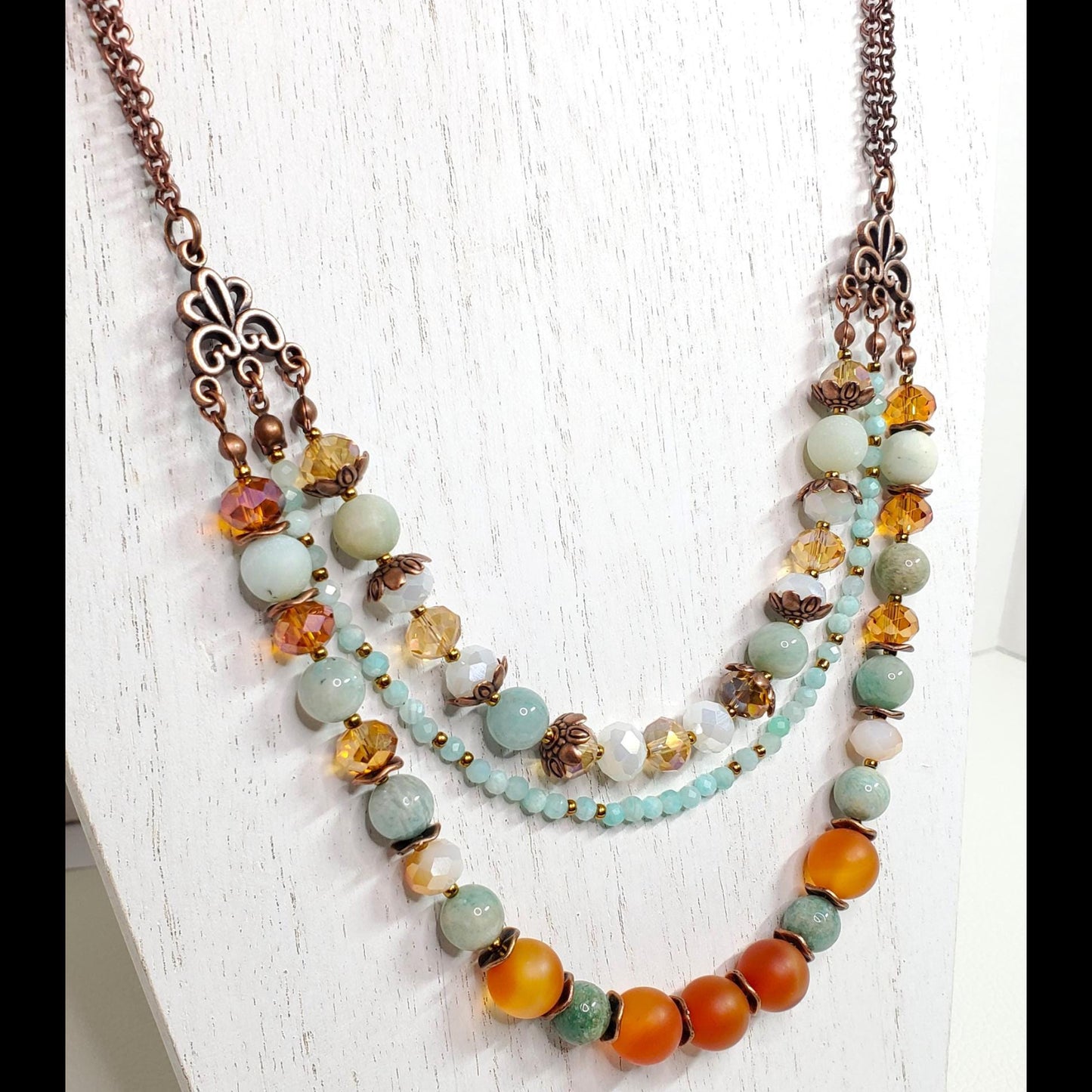 Three Strand Drop Double Chain Gemstone and Crystal Adjustable Necklace Made With Amazonite Red Agate and Crystals