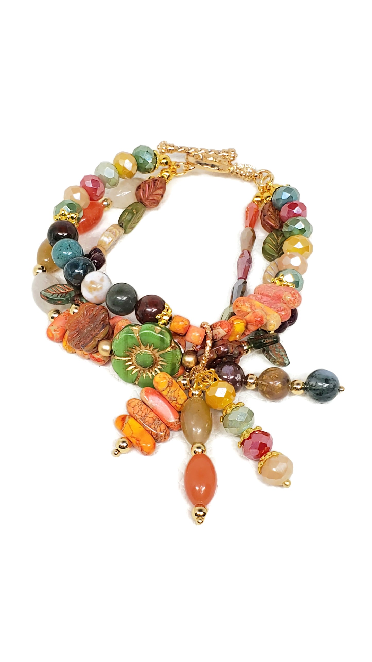 Falling For Fall Czech Glass Crystal Jade Jasper Toggle Charm Bracelet