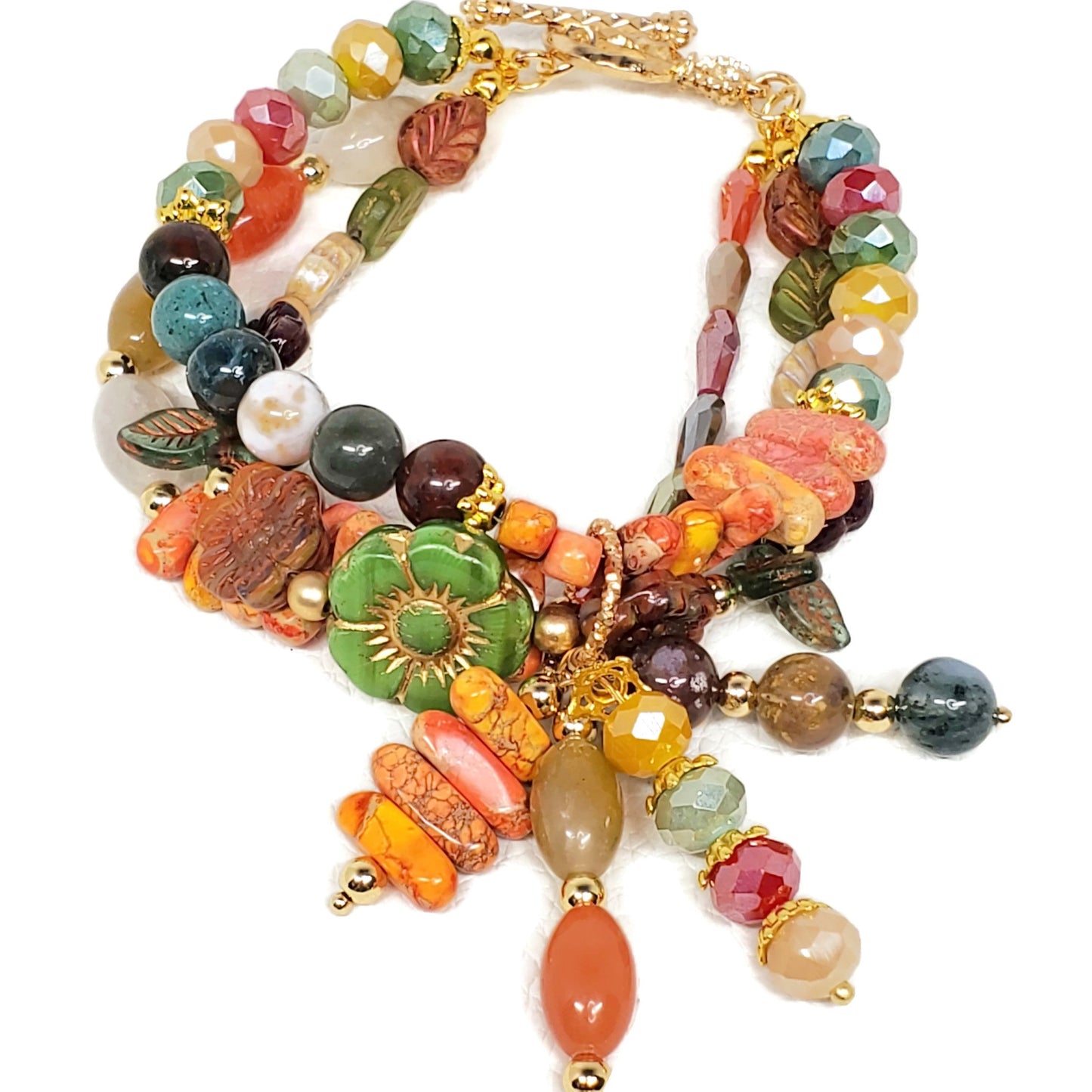 Falling For Fall Czech Glass Crystal Jade Jasper Toggle Charm Bracelet