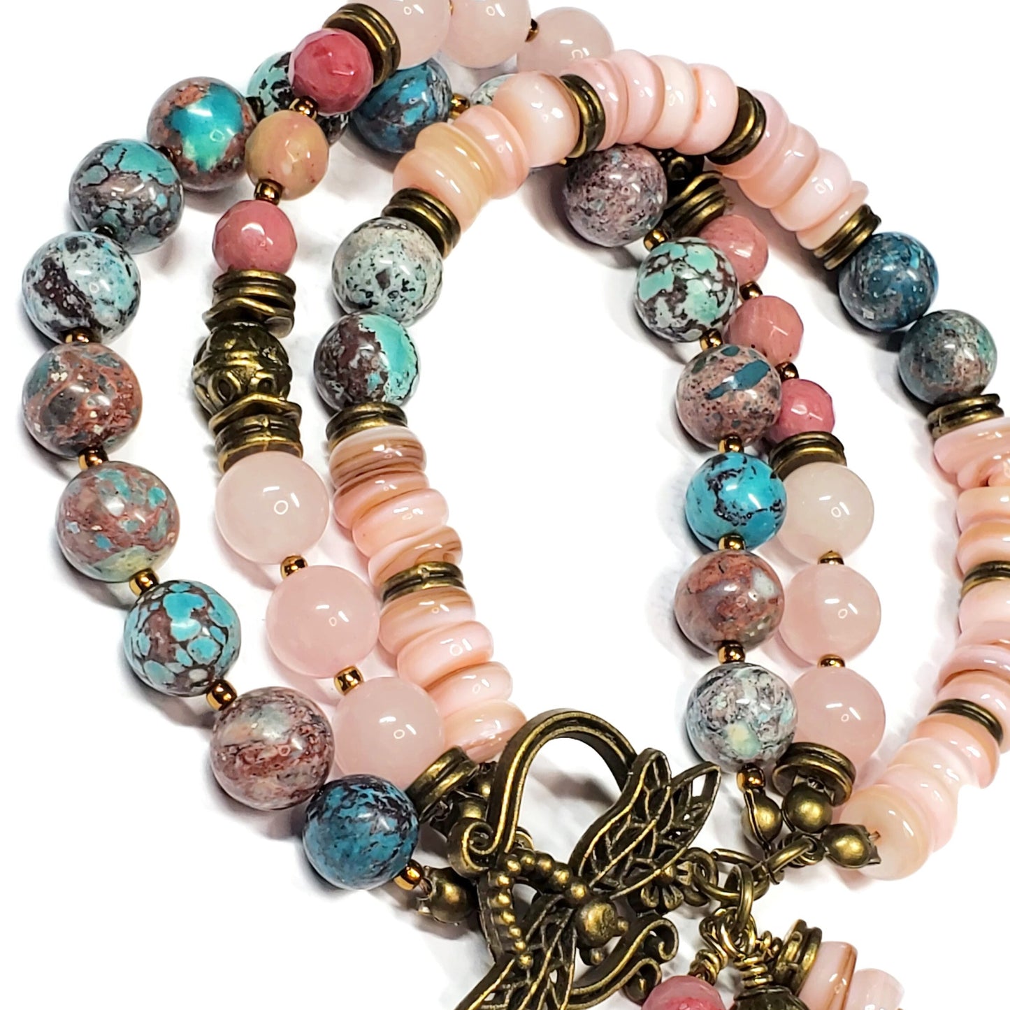 Three Strand Gemstone Bracelet – Rose Quartz, Rhodonite & Nevada Turquoise – Boho Layered Beaded Bracelet