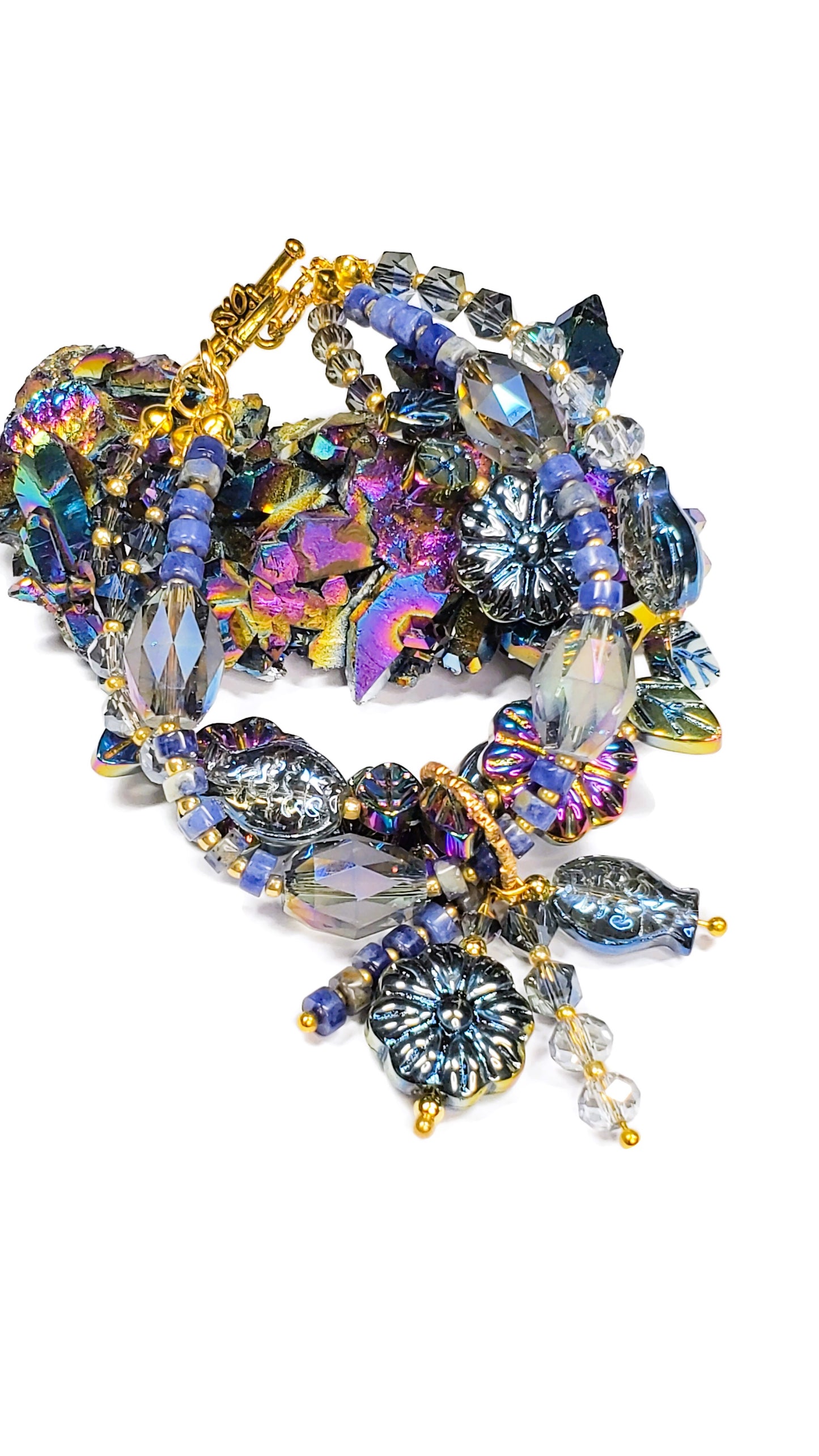 Three-Strand Czech Glass Bracelet – Crystal Beaded Charm Bracelet with Fish, Leaves & Floral Beads – Handmade Layered Boho Jewelry