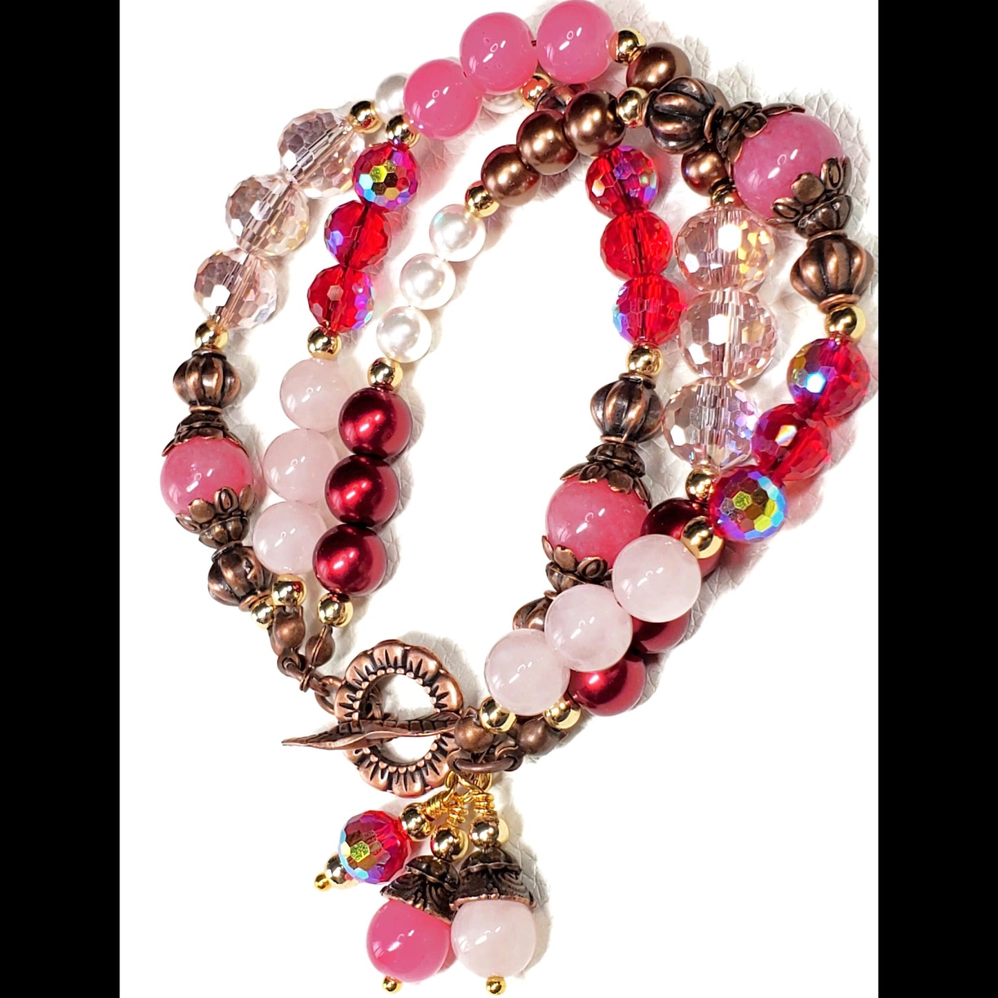 Rose Quartz & Agate Triple Layer Wire-Wrapped Toggle Bracelet
