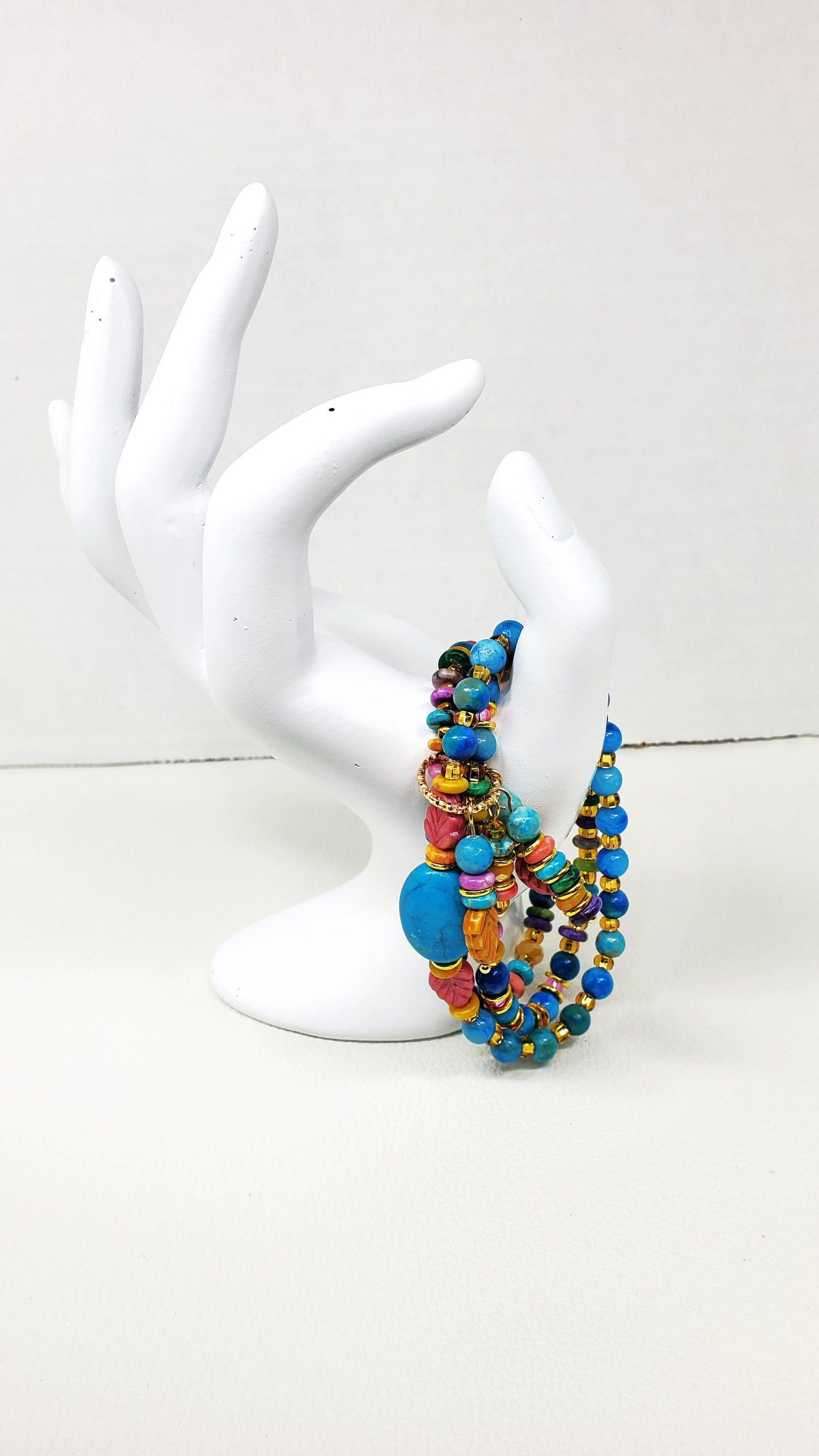 Boho Beaded Charm Bracelet, Blue Beaded Stretch Bracelet