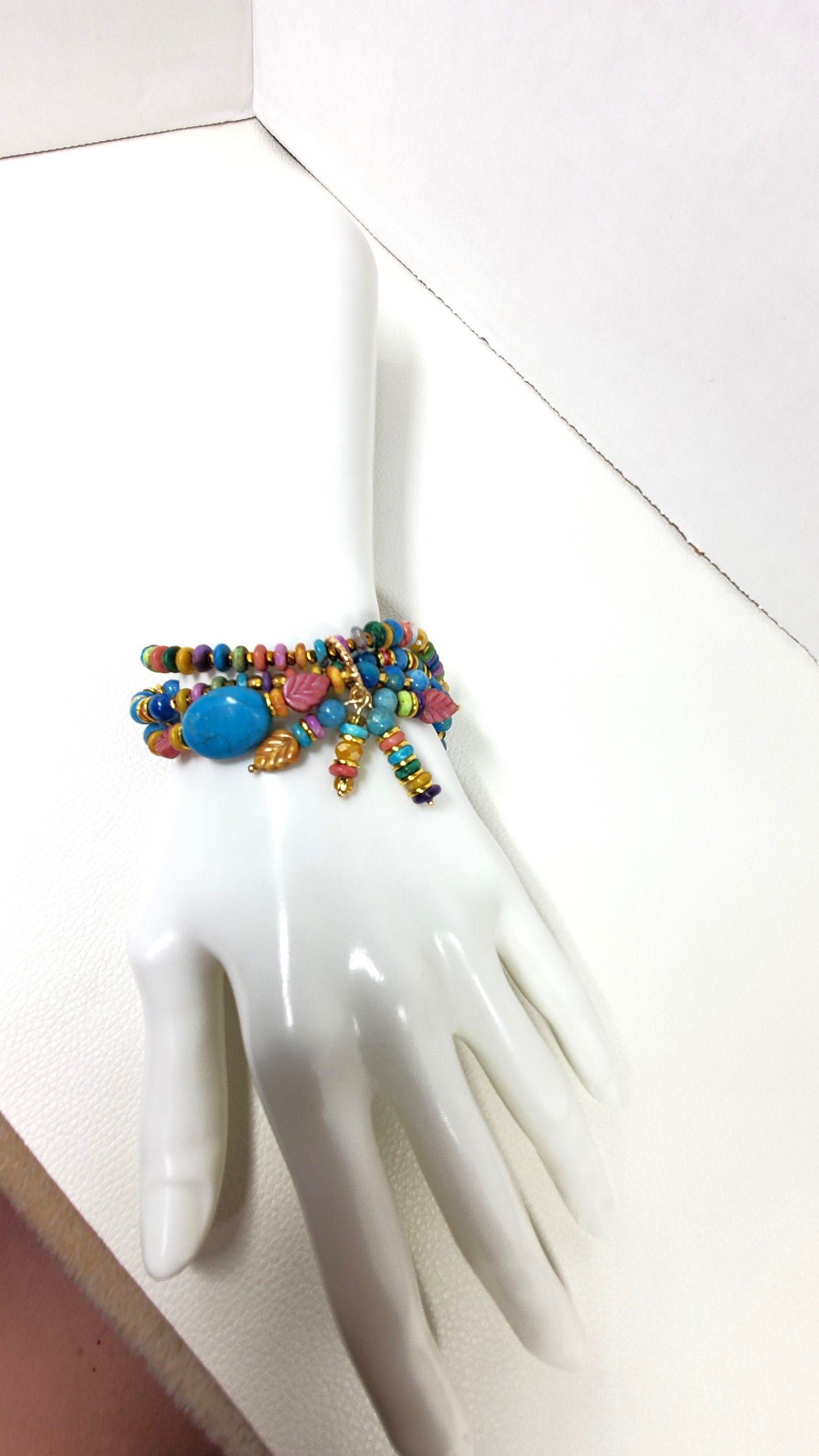 Boho Beaded Charm Bracelet, Blue Beaded Stretch Bracelet