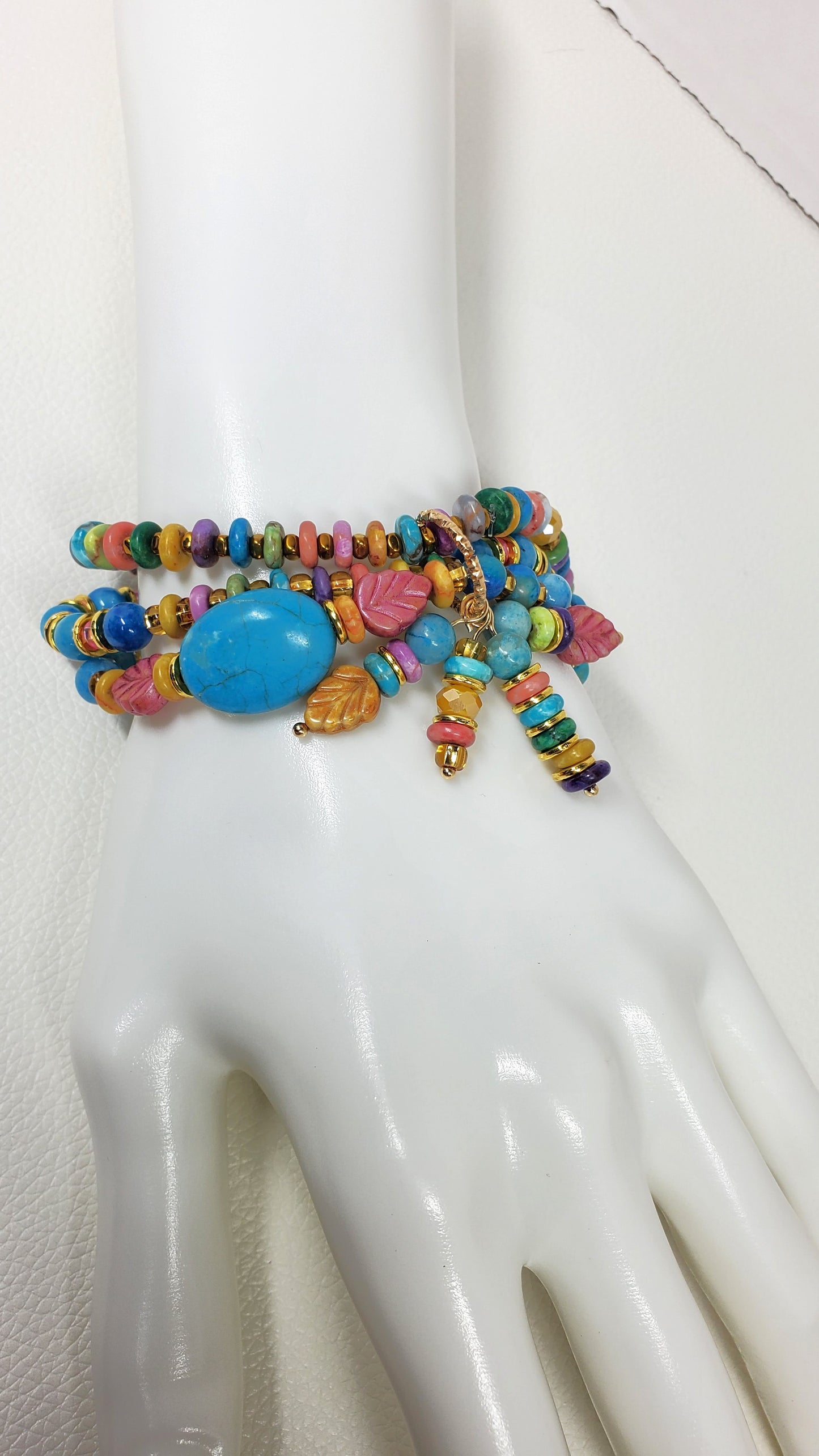 Boho Beaded Charm Bracelet, Blue Beaded Stretch Bracelet