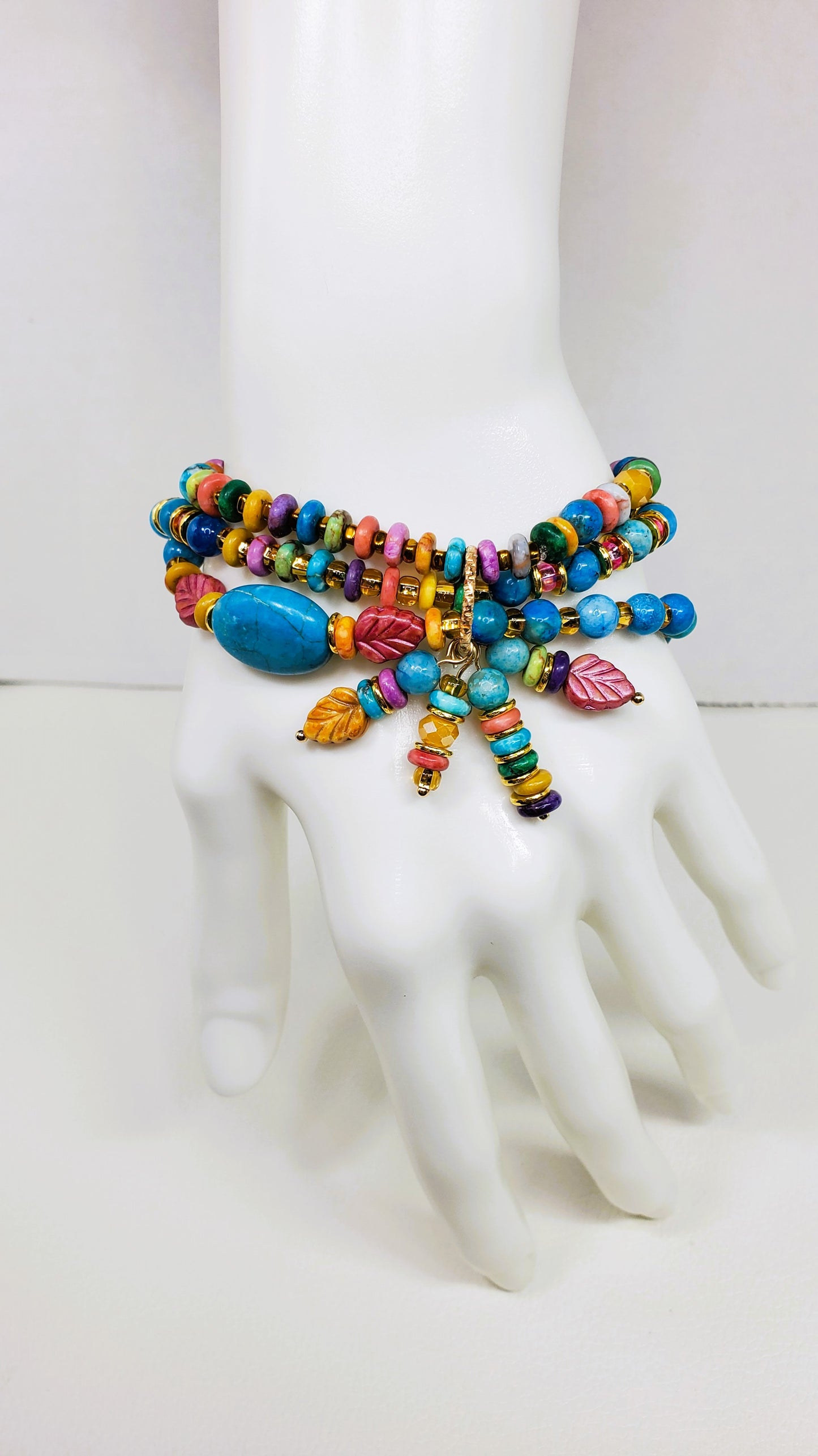 Boho Beaded Charm Bracelet, Blue Beaded Stretch Bracelet