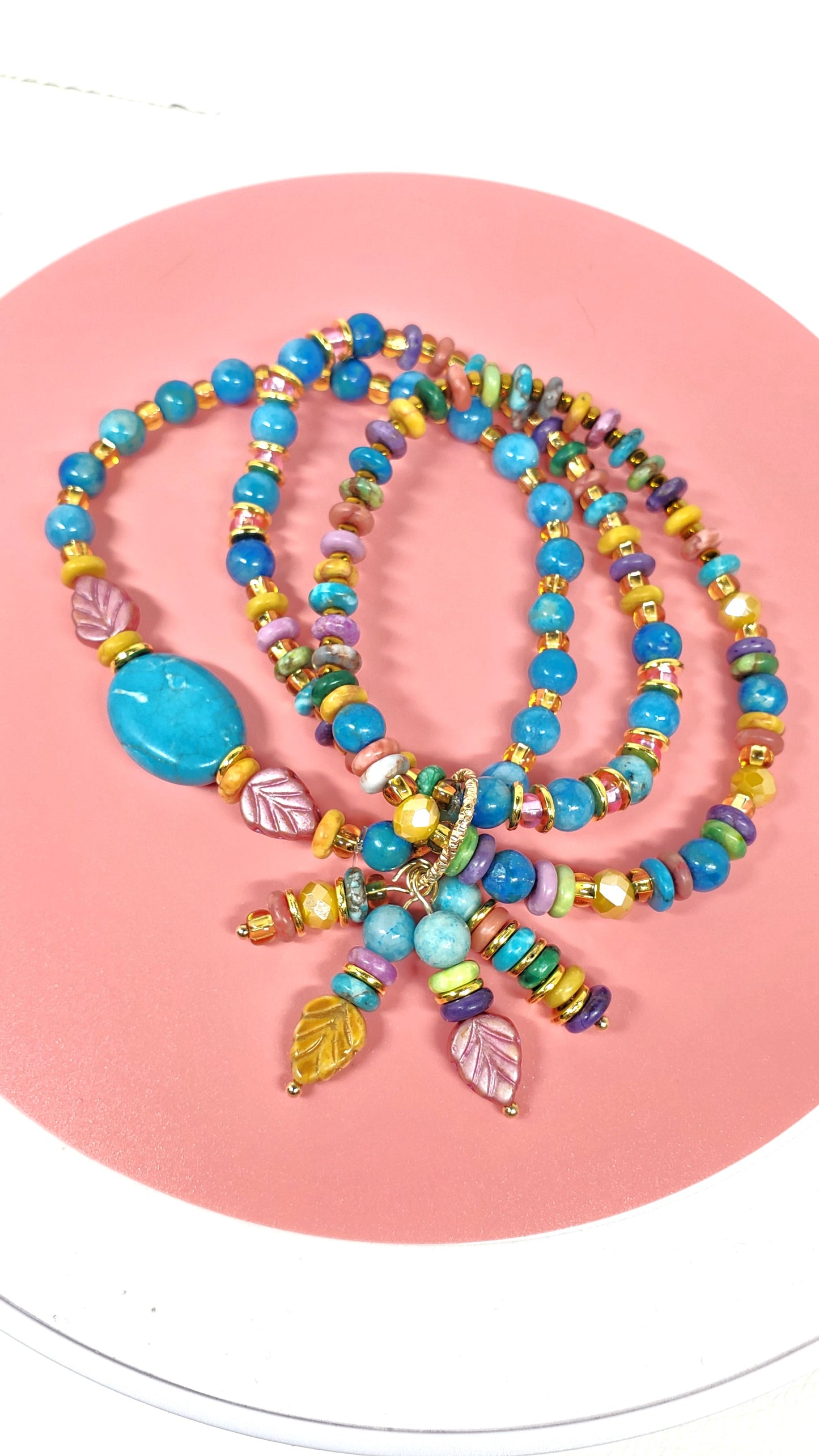 Boho Beaded Charm Bracelet, Blue Beaded Stretch Bracelet