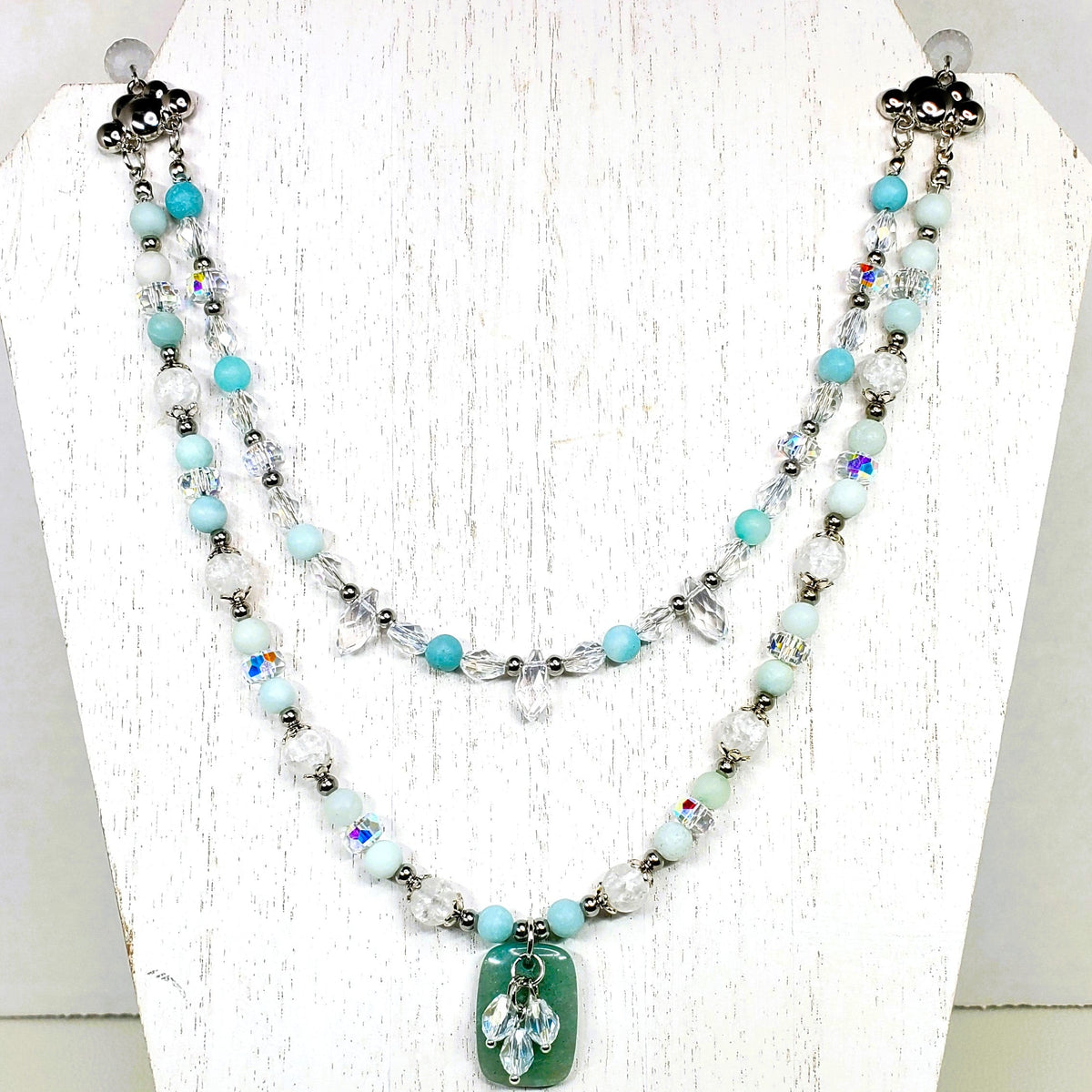 Amazonite and Crystal Beaded Necklace, Multi Strand Necklace