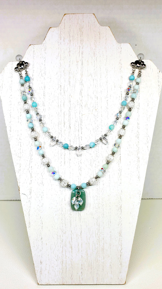 Amazonite and Crystal Beaded Necklace, Multi Strand Necklace
