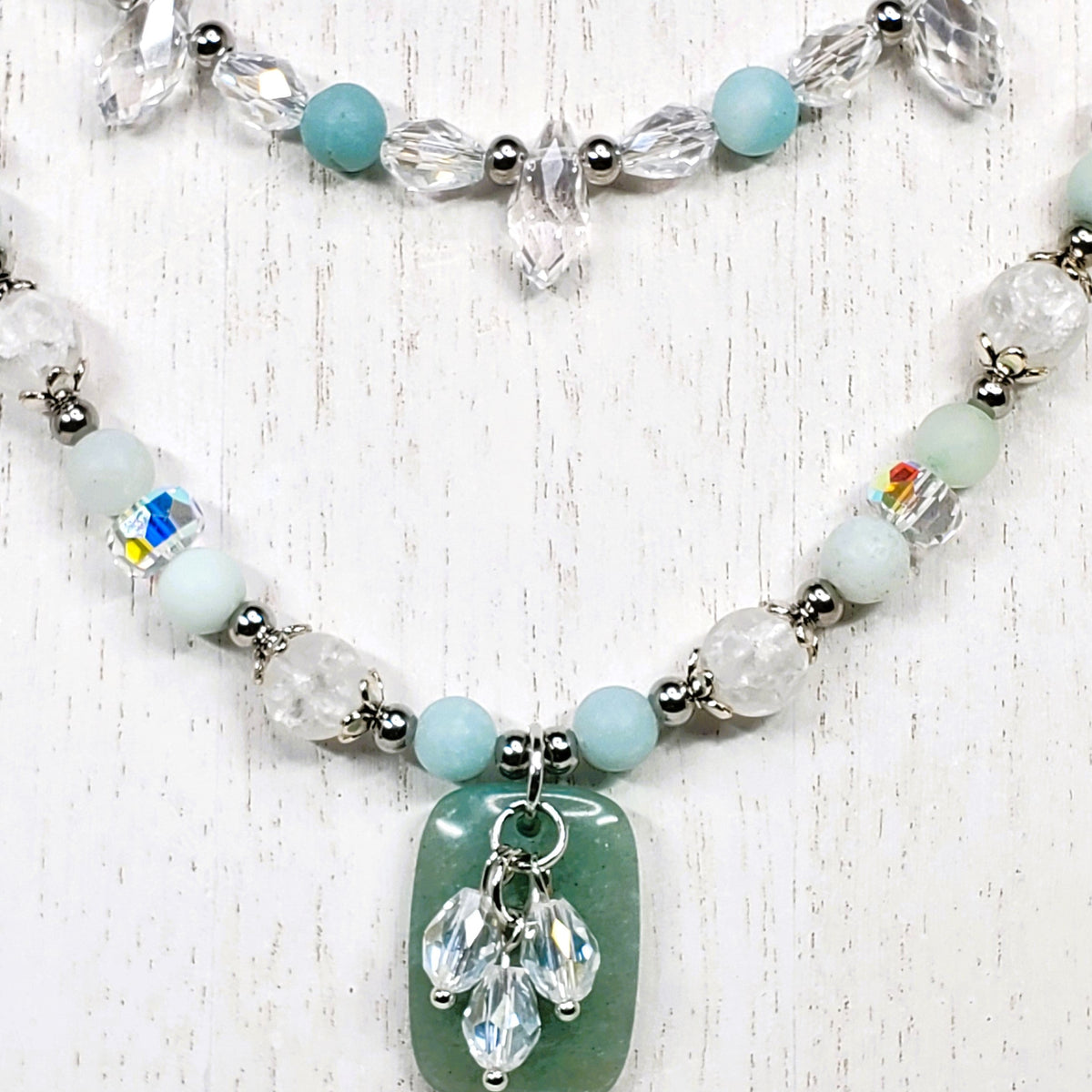 Amazonite and Crystal Beaded Necklace, Multi Strand Necklace