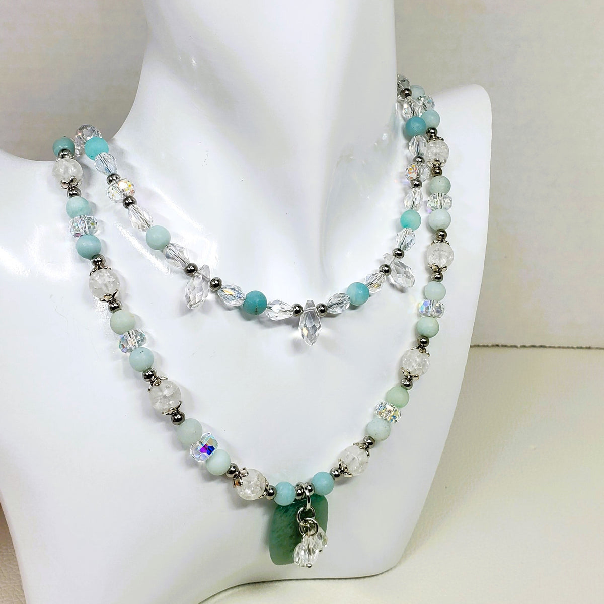 Amazonite and Crystal Beaded Necklace, Multi Strand Necklace