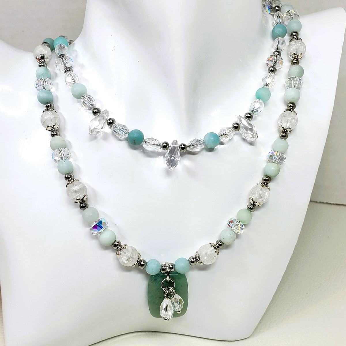 Amazonite and Crystal Beaded Necklace, Multi Strand Necklace