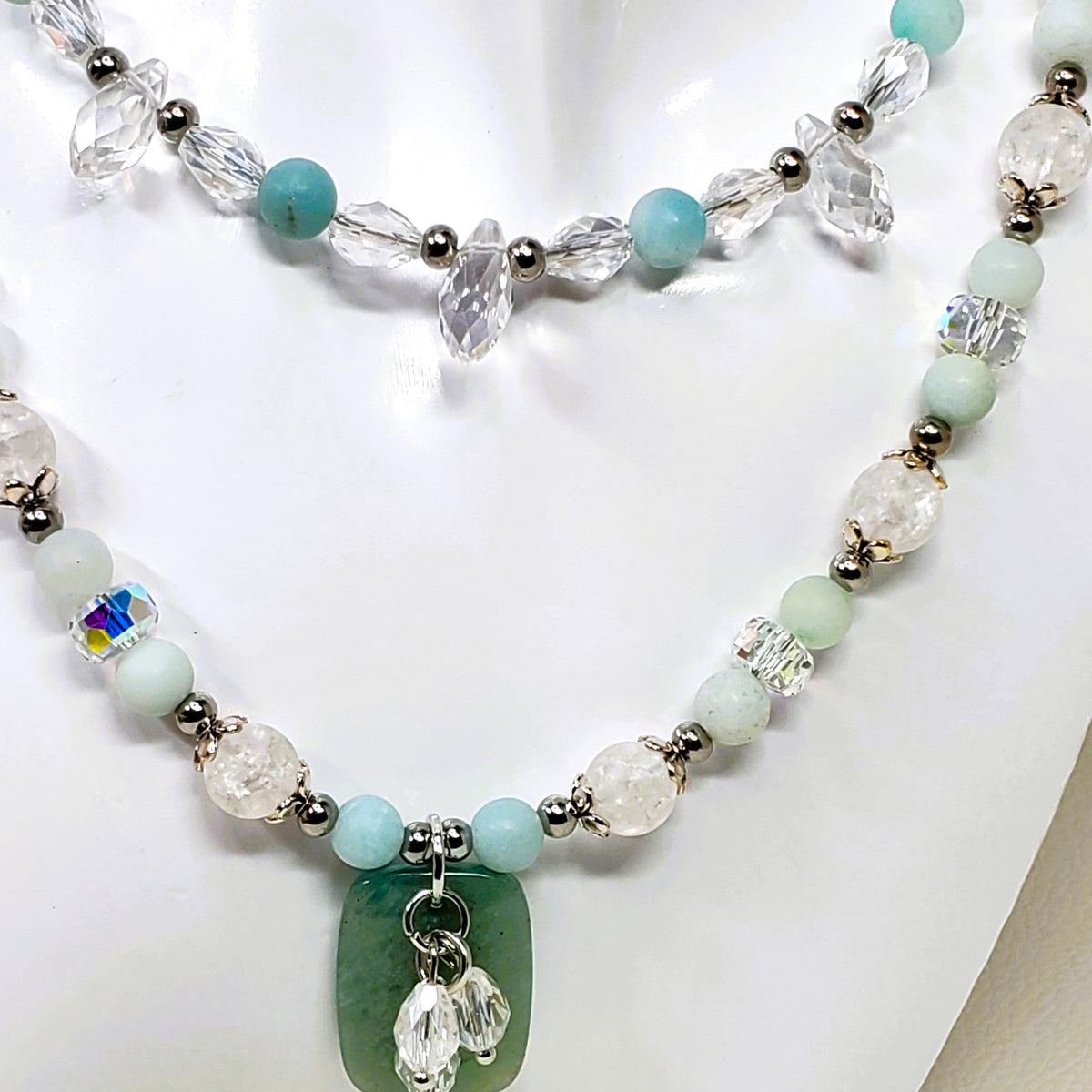 Amazonite and Crystal Beaded Necklace, Multi Strand Necklace