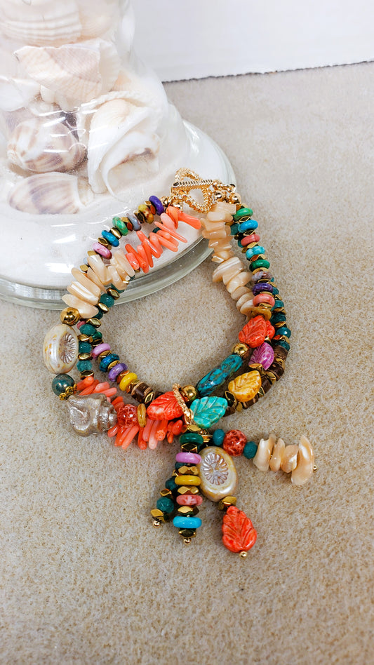 Beach Beaded Boho Charm Bracelet, Tropical Beaded Wire Bracelet