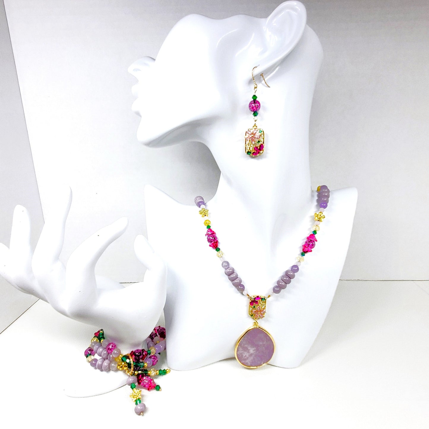 Crystal Flowers Collection | Purple Lepidolite Summer Necklace Set | Boho Necklace Set | Handmade Jewelry Set
