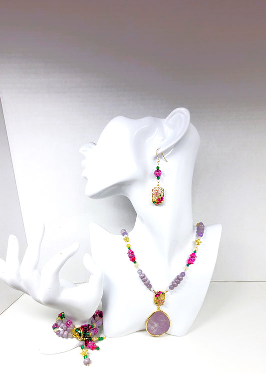 Crystal Flowers Collection | Purple Lepidolite Summer Necklace Set | Boho Necklace Set | Handmade Jewelry Set