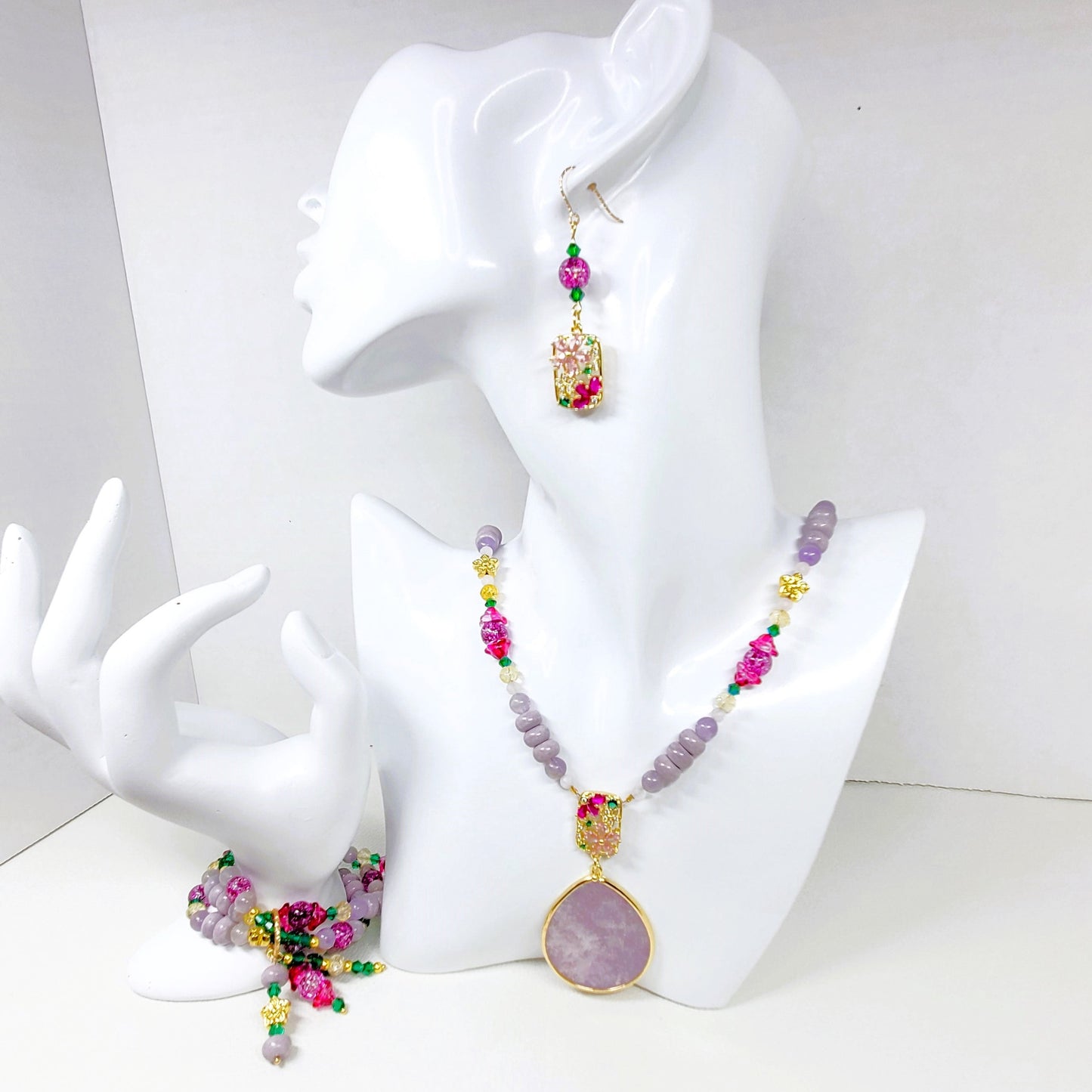Crystal Flowers Collection | Purple Lepidolite Summer Necklace Set | Boho Necklace Set | Handmade Jewelry Set