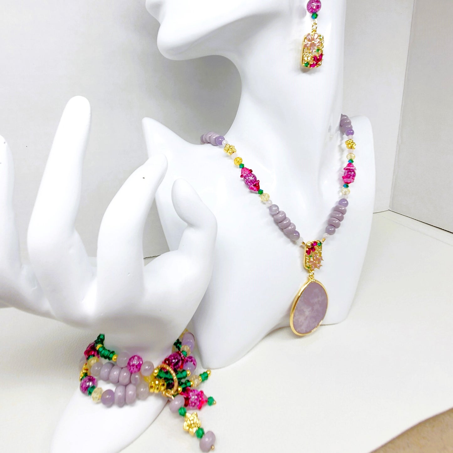 Crystal Flowers Collection | Purple Lepidolite Summer Necklace Set | Boho Necklace Set | Handmade Jewelry Set