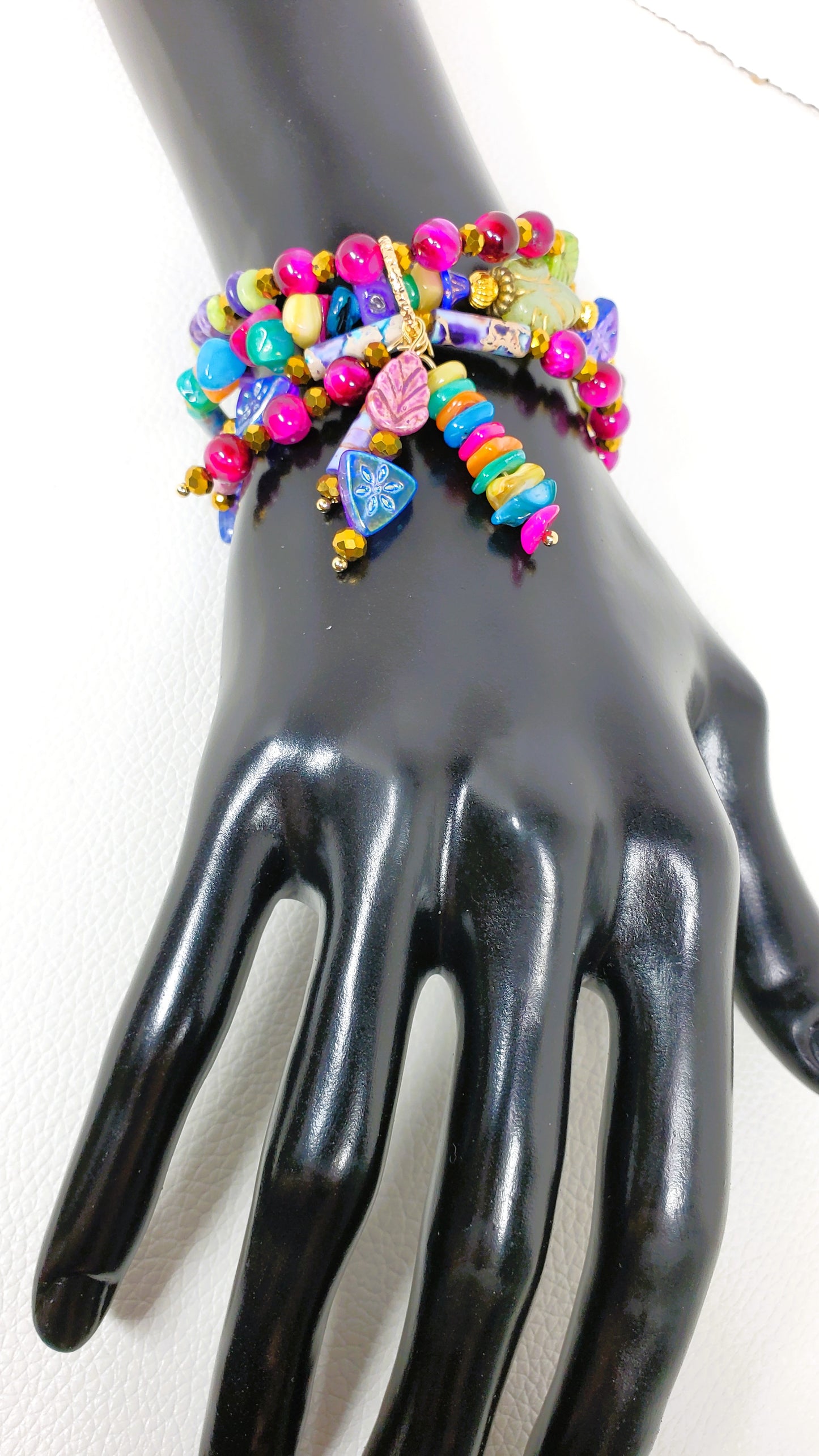 Enchanted Jewel Tones Boho Charm Bracelet, Beaded Wire Bracelet