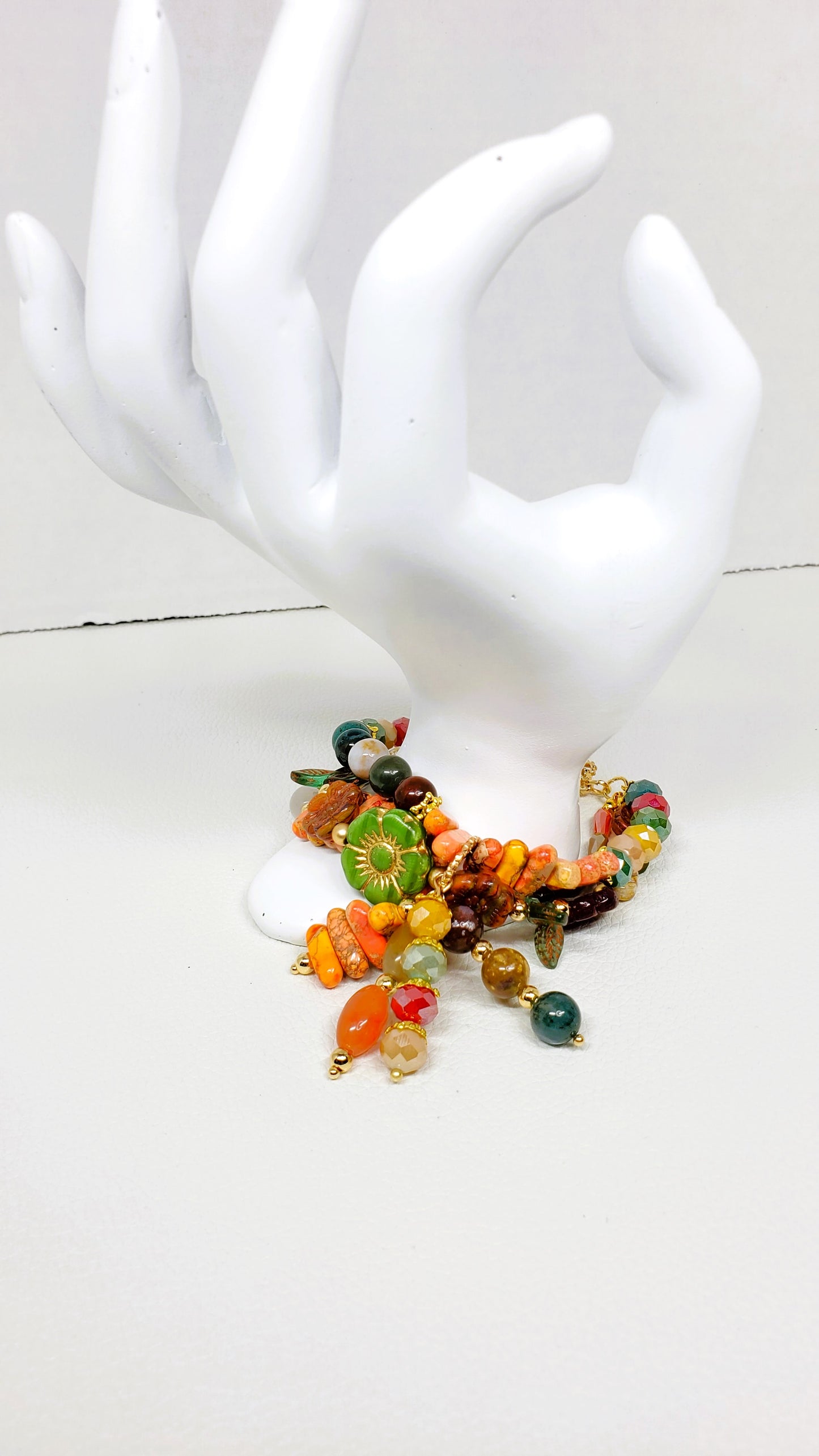 Falling For Fall Czech Glass Crystal Jade Jasper Toggle Charm Bracelet