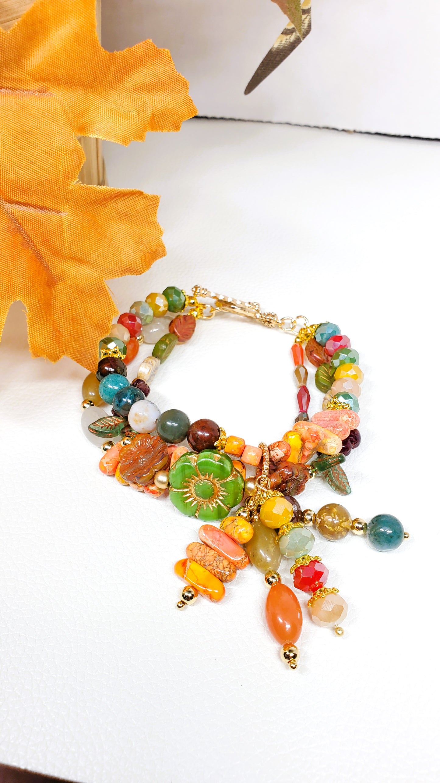 Falling For Fall Czech Glass Crystal Jade Jasper Toggle Charm Bracelet