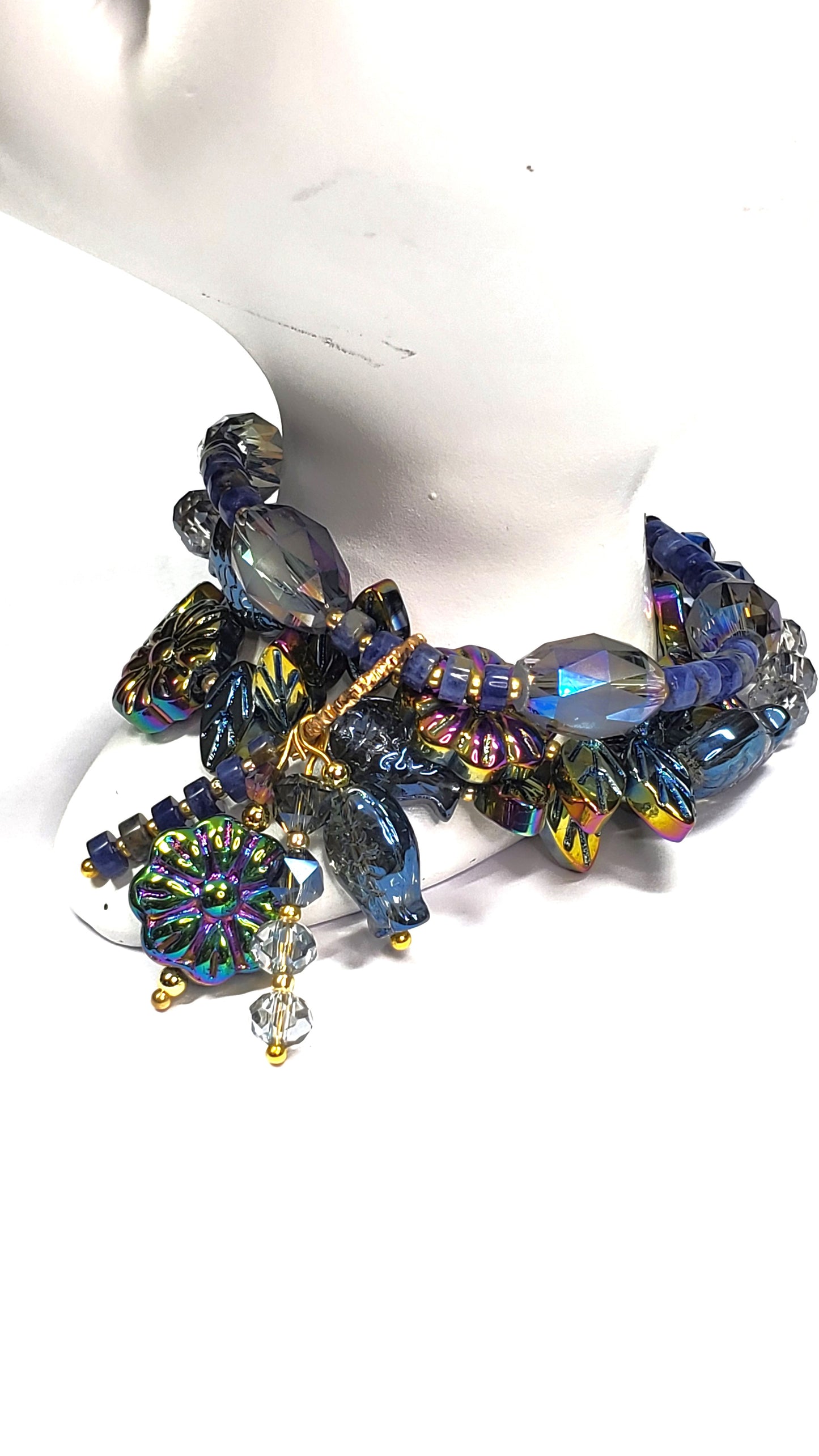 Three-Strand Czech Glass Bracelet – Crystal Beaded Charm Bracelet with Fish, Leaves & Floral Beads – Handmade Layered Boho Jewelry