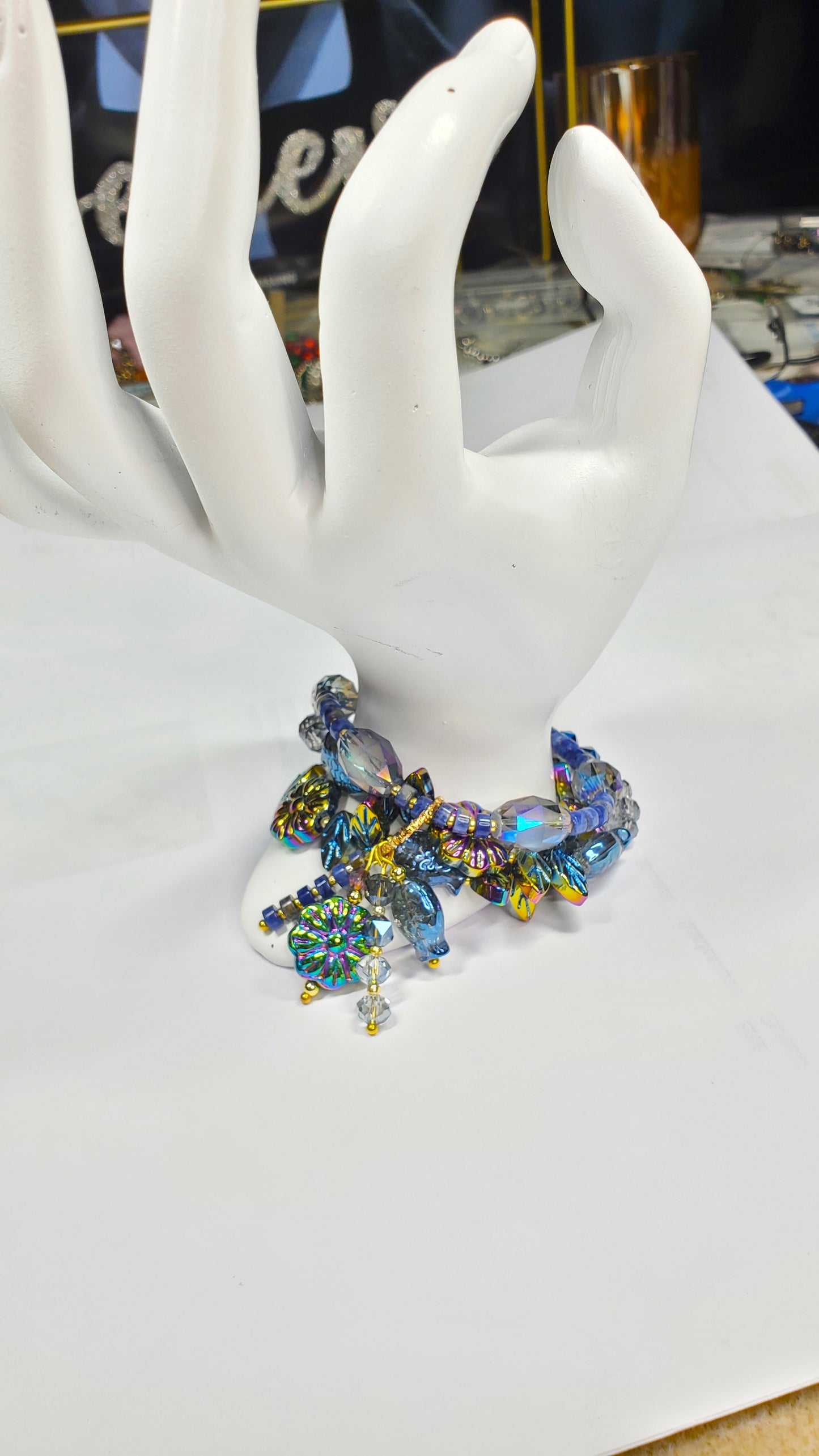 Three-Strand Czech Glass Bracelet – Crystal Beaded Charm Bracelet with Fish, Leaves & Floral Beads – Handmade Layered Boho Jewelry