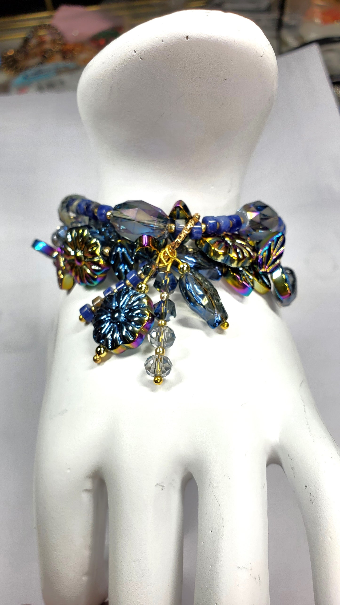 Three-Strand Czech Glass Bracelet – Crystal Beaded Charm Bracelet with Fish, Leaves & Floral Beads – Handmade Layered Boho Jewelry