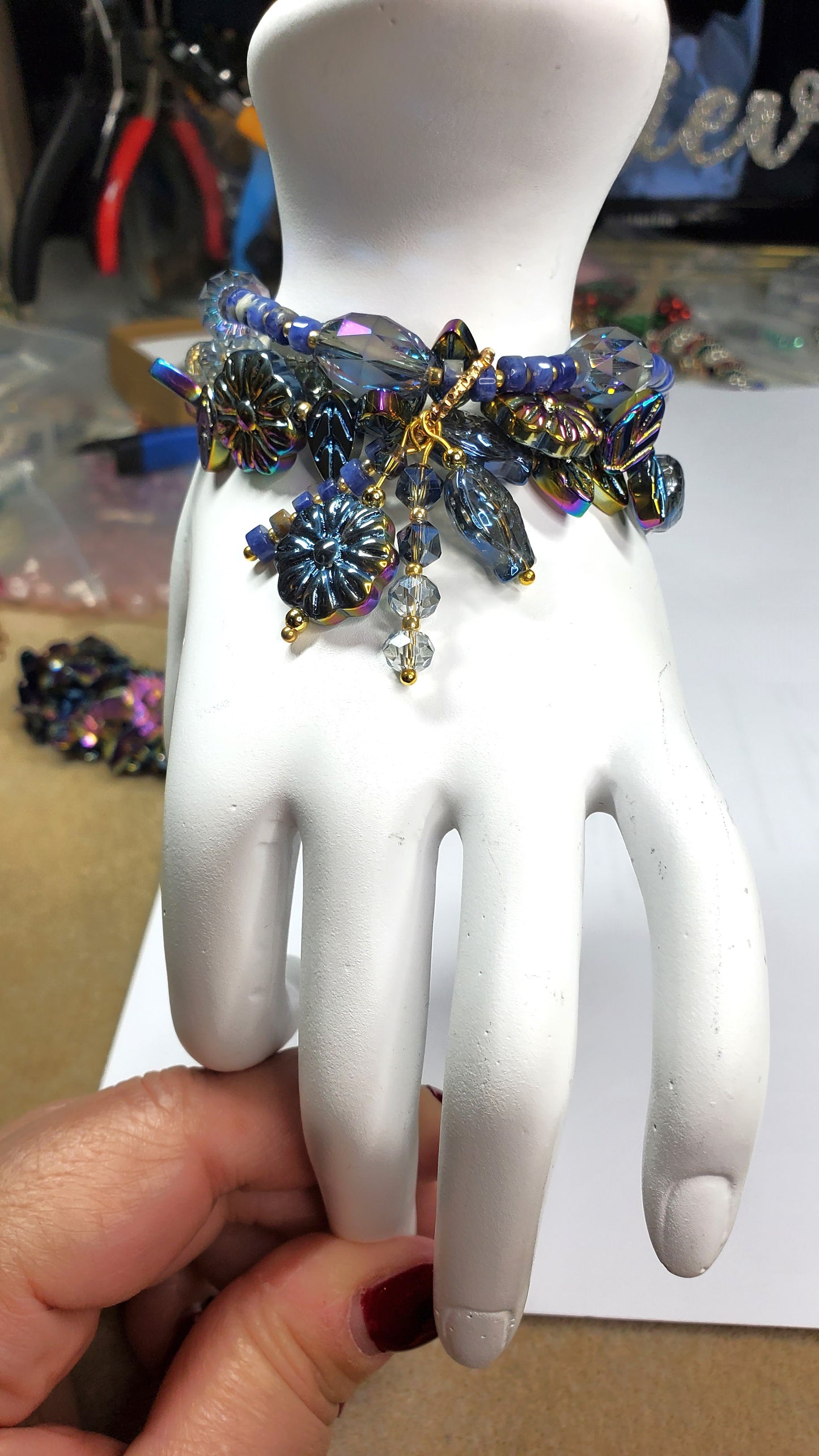 Three-Strand Czech Glass Bracelet – Crystal Beaded Charm Bracelet with Fish, Leaves & Floral Beads – Handmade Layered Boho Jewelry